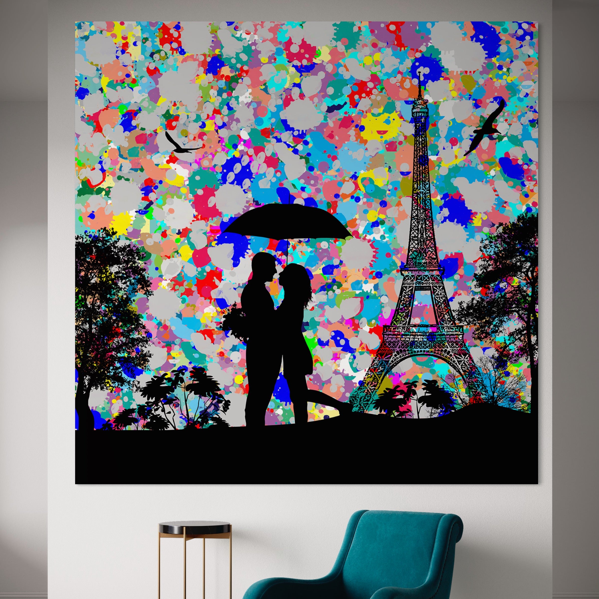 Tablou Canvas Premium LuxCanva® B1119, Love In Paris , Living, Paris, Umbrela, Indragostiti, Dormitor, Turnul Eiffel, Culori Vibrante