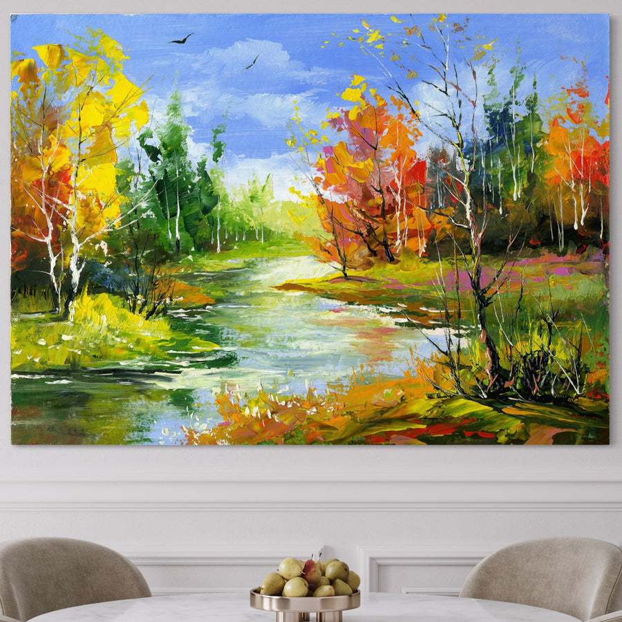 Tabloul LuxCanva® Tablou Canvas Premium LuxCanva® B1115, Frumusetea Naturii, cu culori vibrante de pădure și motive din natură, decorează livingul deasupra unei mese cu fructe, aducând energie și frumusețe spațiului tău.