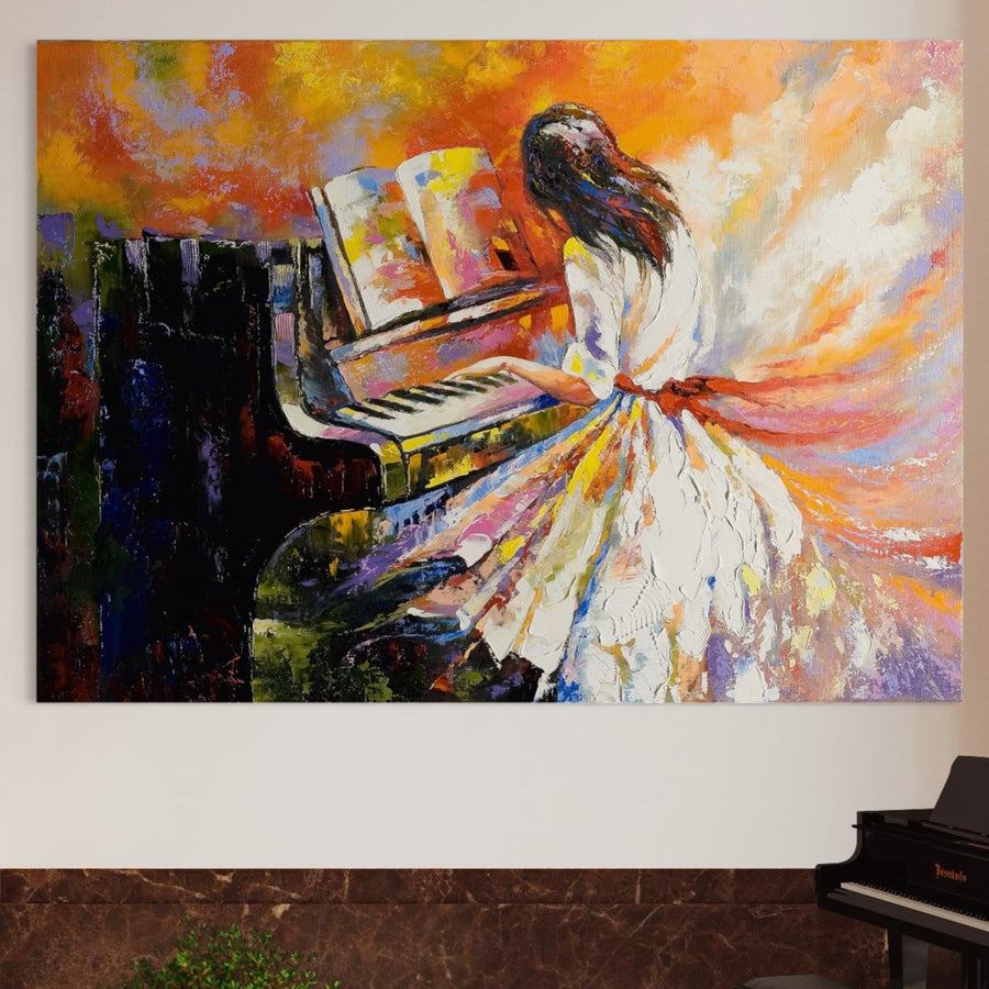 Adaugă o notă de eleganță spațiului tău cu Tablou Canvas Premium LuxCanva® B1114-Fata Cantand La Pian. Această artă vibrantă pe pânză de la LuxCanva® prezintă o femeie într-o rochie albă la pian, perfectă pentru livinguri sau dormitoare.
