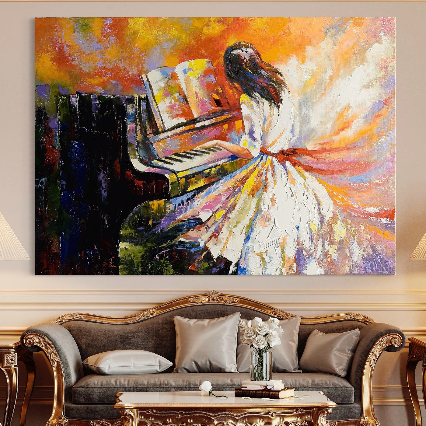 Tablou Canvas Premium LuxCanva® B1114, Fata Cantand La Pian , Muzica, Pian, Living, Portativ, Dormitor, Clape, Culori Vibrante