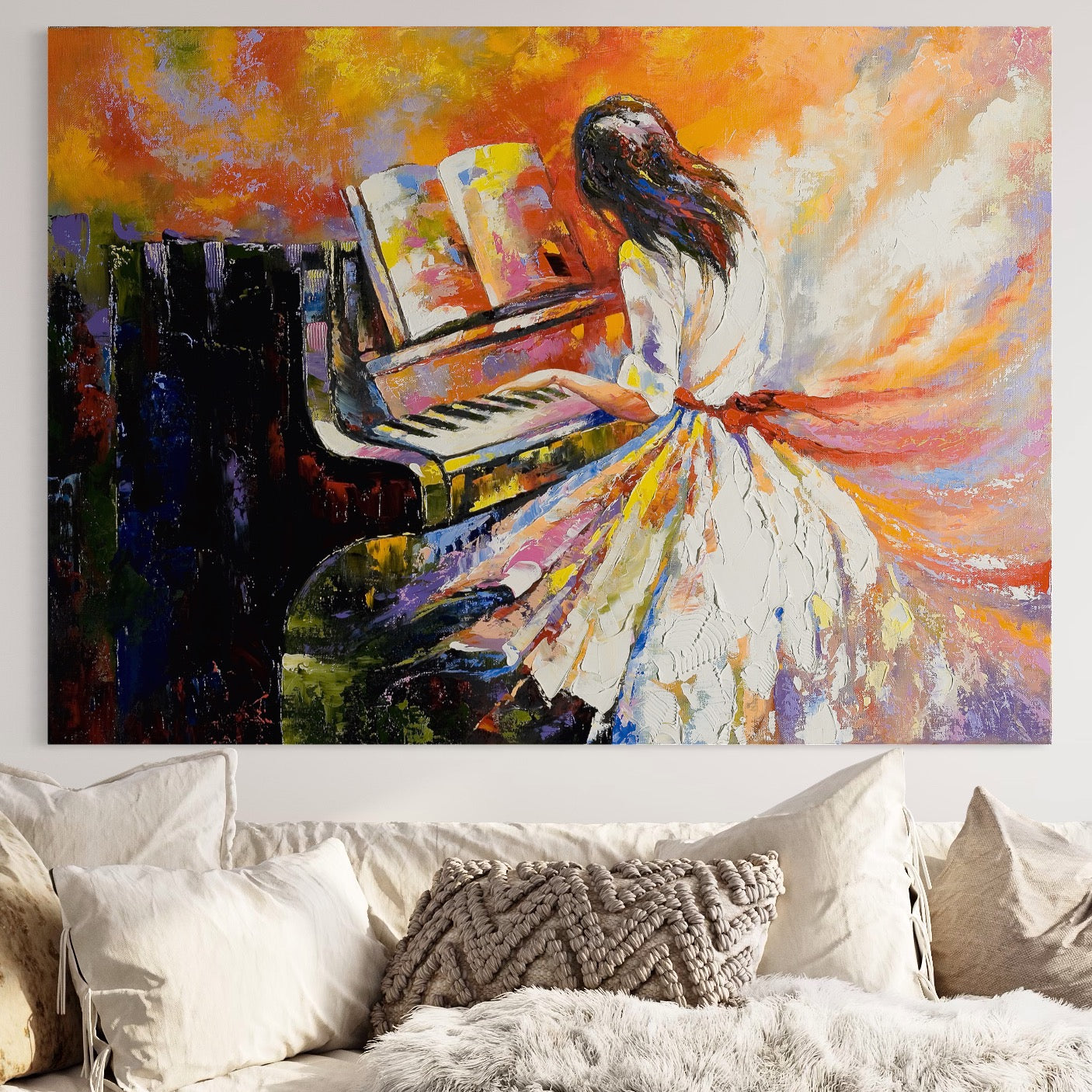 Tablou Canvas Premium LuxCanva® B1114, Fata Cantand La Pian , Muzica, Pian, Living, Portativ, Dormitor, Clape, Culori Vibrante