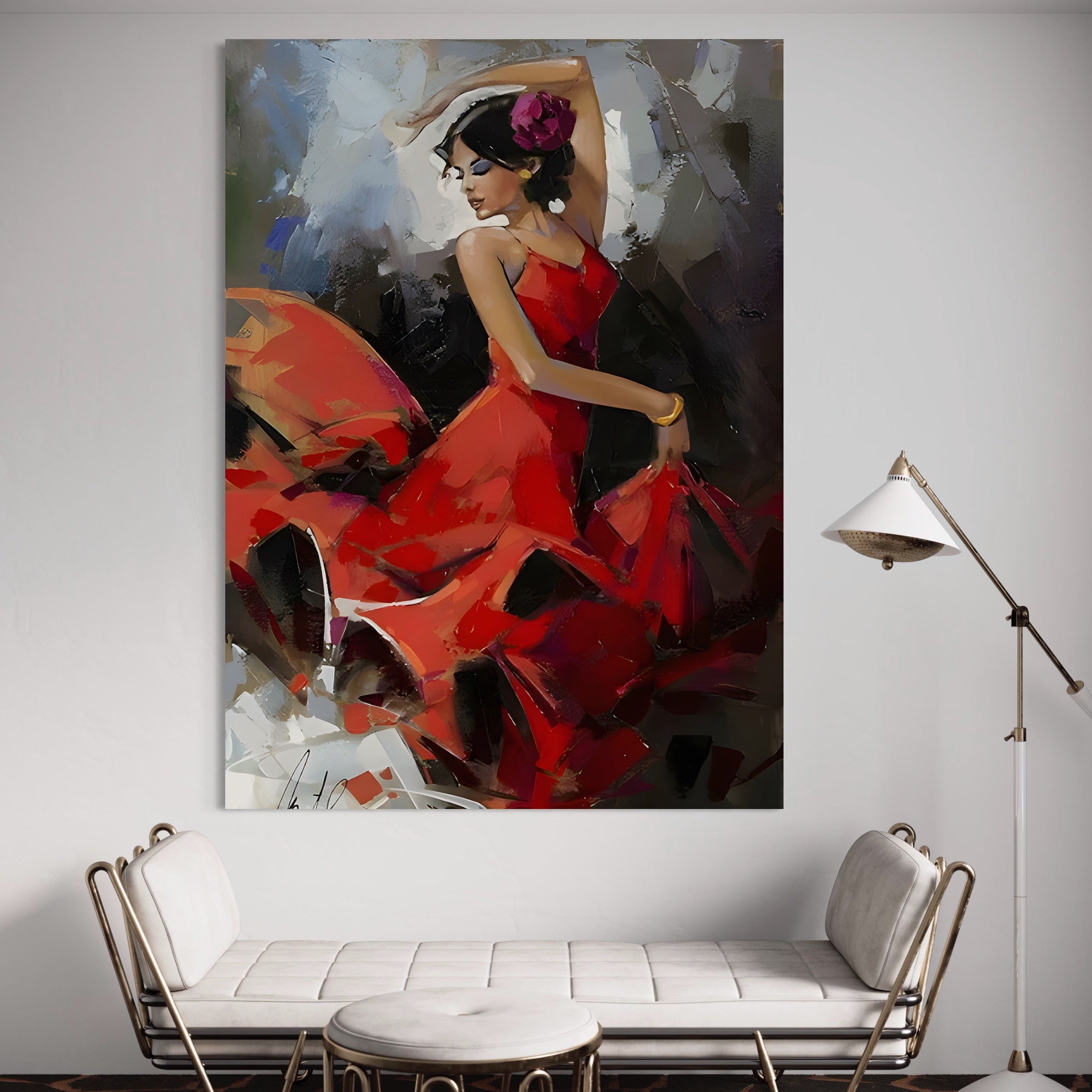 Tablou Canvas Premium LuxCanva® B1112, Dansul Unei Balerine In Rochie Rosie , Living, Balerina, Dansatoare, Scena, Balet, Arta, Dormitor, Dans, Culori Vibrante