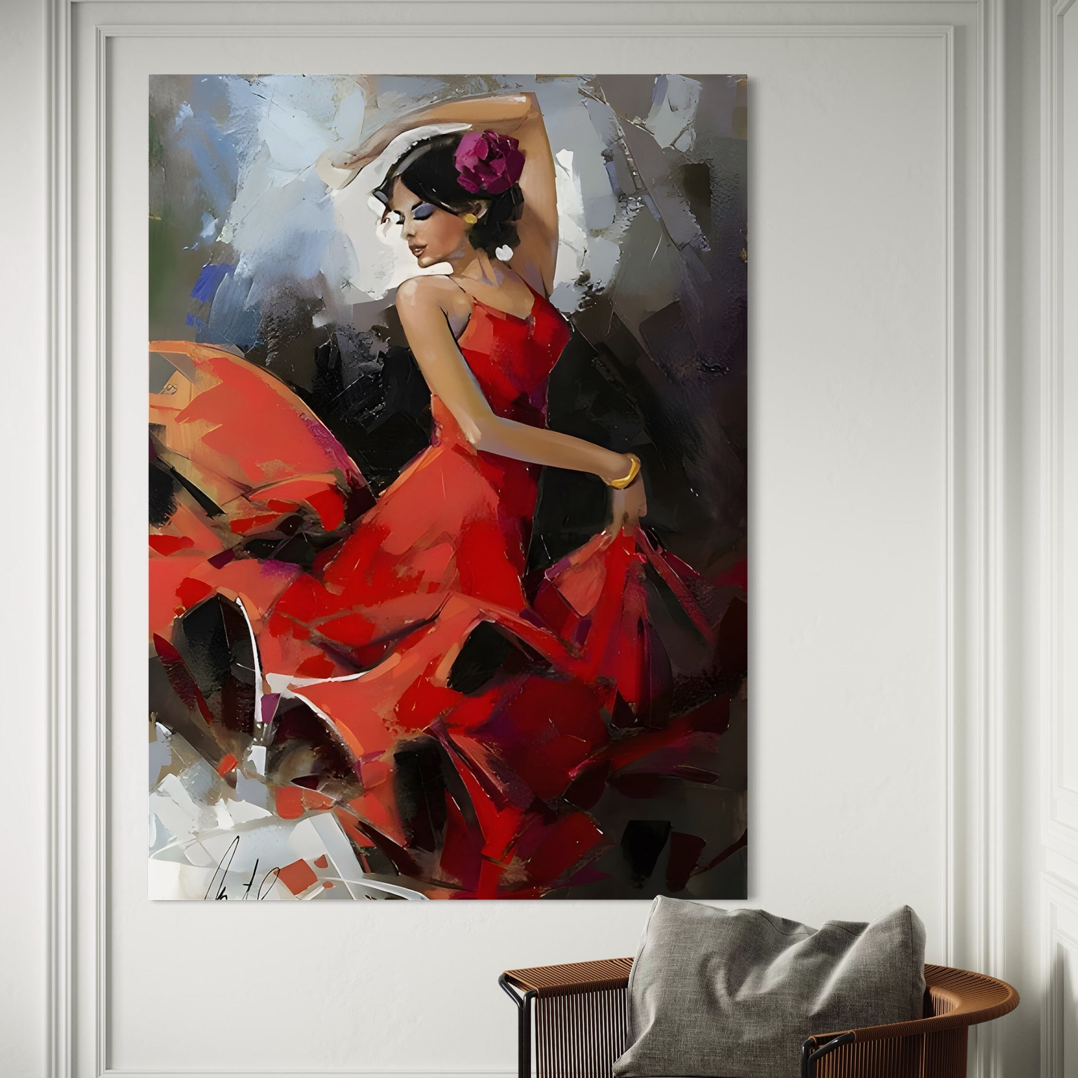 Tablou Canvas Premium LuxCanva® B1112, Dansul Unei Balerine In Rochie Rosie , Living, Balerina, Dansatoare, Scena, Balet, Arta, Dormitor, Dans, Culori Vibrante