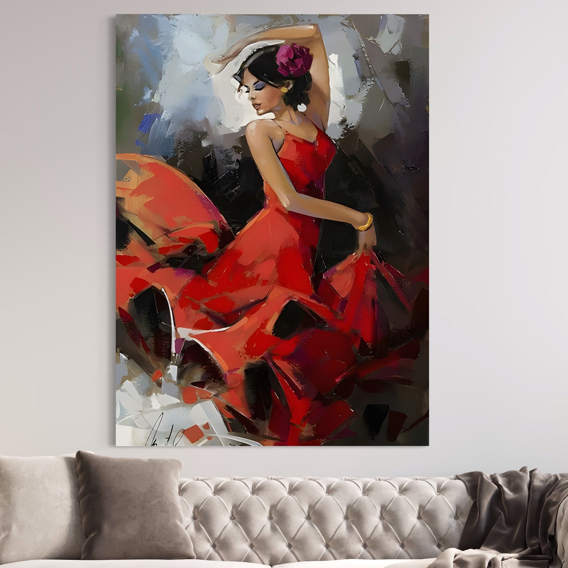 Tablou Canvas Premium LuxCanva® B1112, Dansul Unei Balerine In Rochie Rosie , Living, Balerina, Dansatoare, Scena, Balet, Arta, Dormitor, Dans, Culori Vibrante