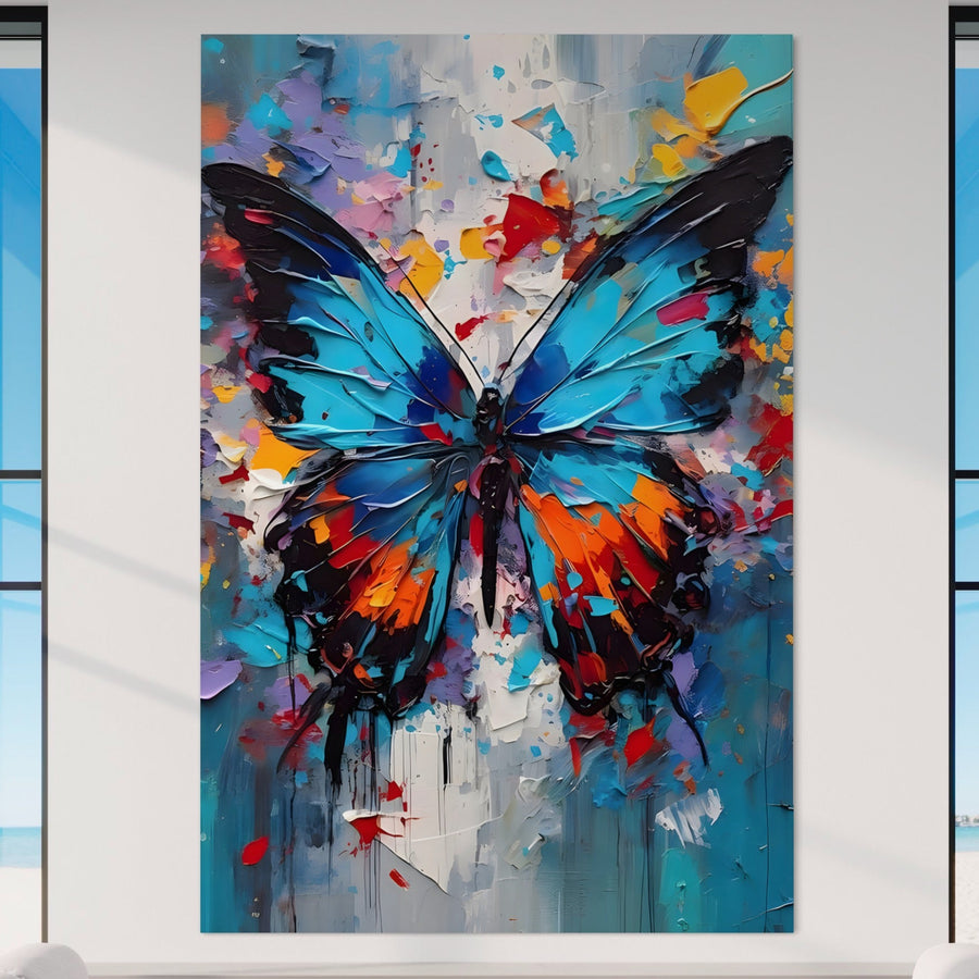 Tablou Canvas Premium LuxCanva® B1109, Fluturele Albastru prezintă un fluture vibrant cu aripi colorate, pictat pe pânză 100% bumbac. Trăsăturile îndrăznețe și nuanțele luminoase creează un aspect energic, ideal pentru orice spațiu de locuit.