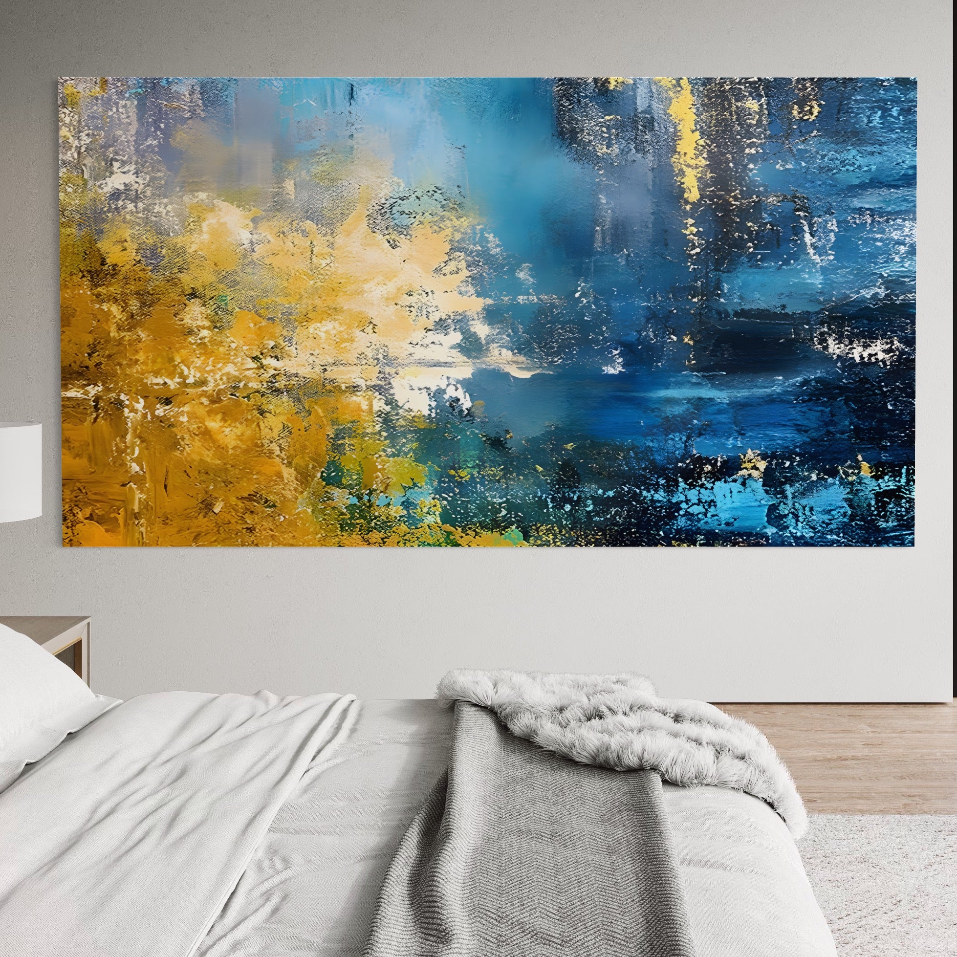 Tablou Canvas Premium LuxCanva® B1104, Mare Abstracta , Living, Liniste, Foite Aurii, Albastru, Decor, Mare, Apa, Culori Vibrante