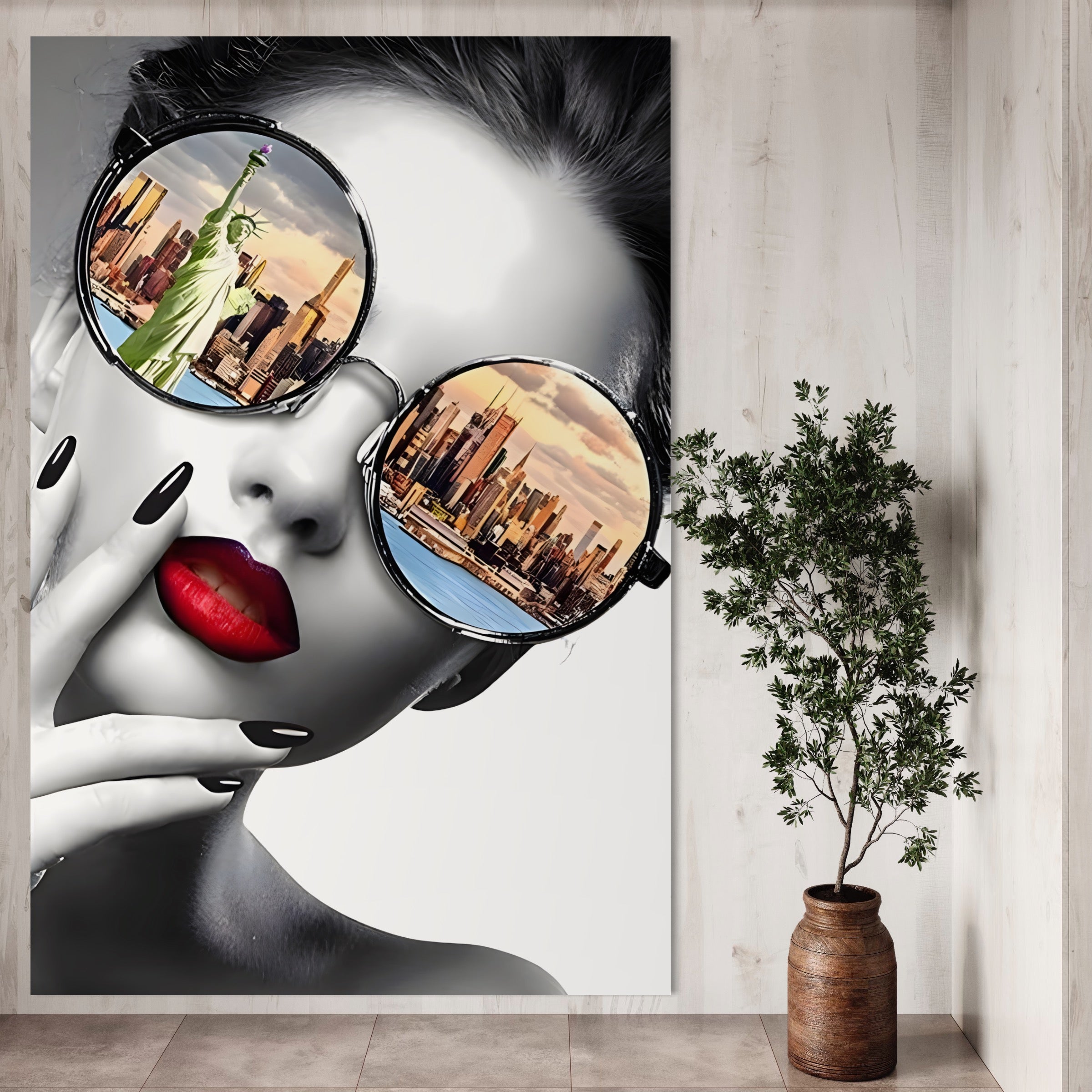 Tablou Canvas Premium LuxCanva® B1103, Privind Spre New York , Birou, America, Statuia Libertatii, Dormitor, Vacanta, Ochelari, Zgarie Nori, Culori Vibrante