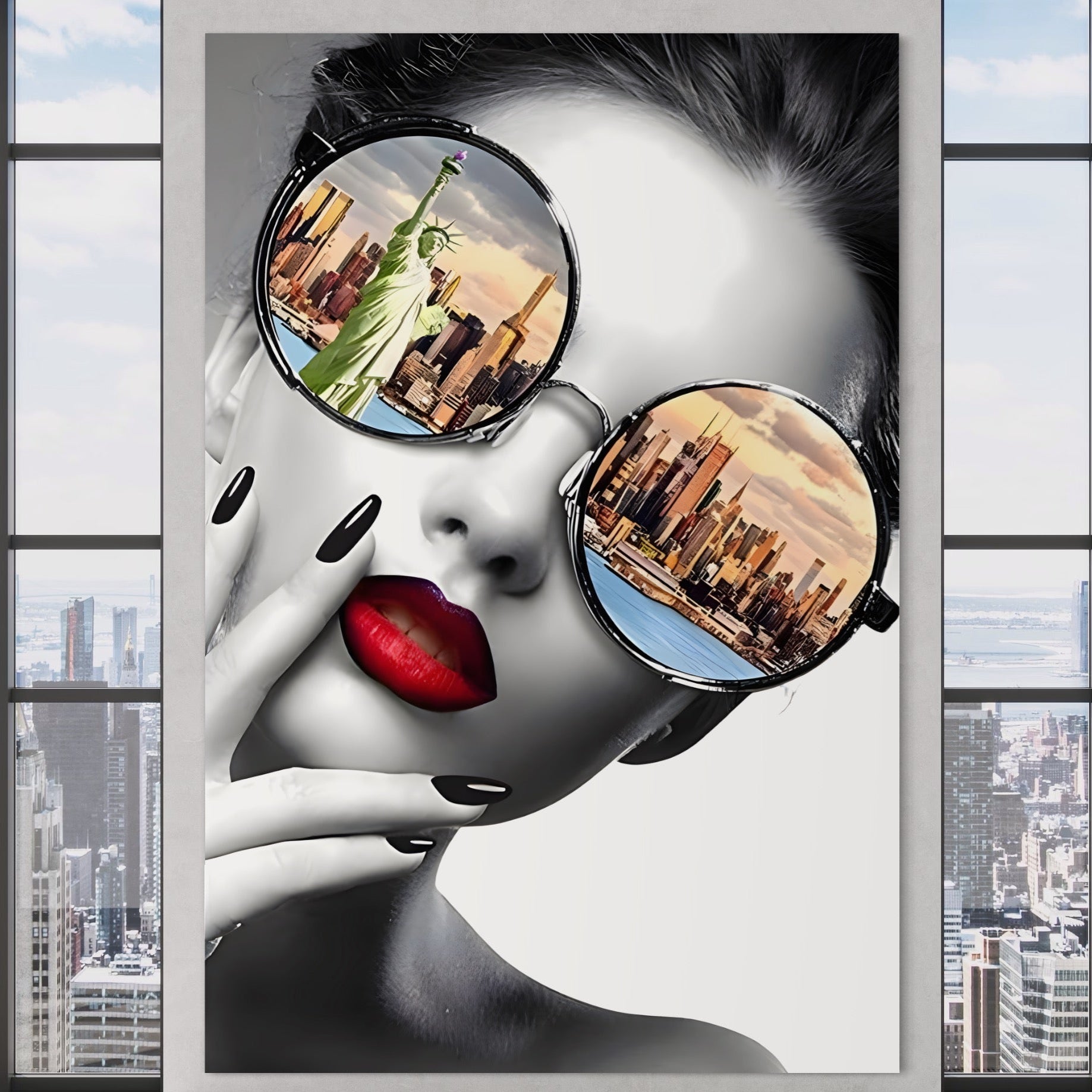 Tablou Canvas Premium LuxCanva® B1103, Privind Spre New York , Birou, America, Statuia Libertatii, Dormitor, Vacanta, Ochelari, Zgarie Nori, Culori Vibrante