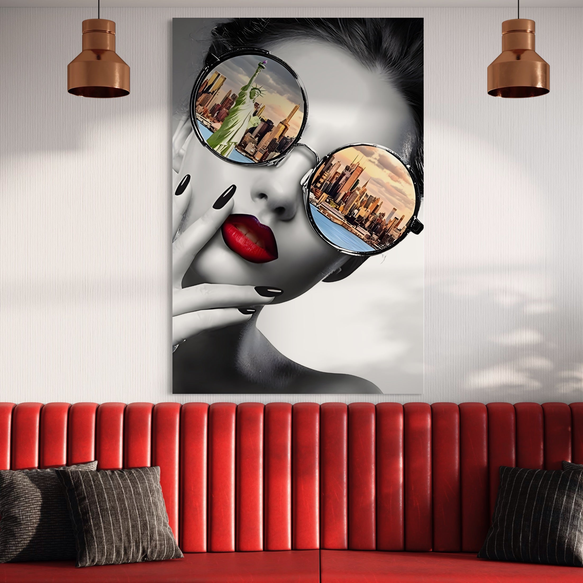 Tablou Canvas Premium LuxCanva® B1103, Privind Spre New York , Birou, America, Statuia Libertatii, Dormitor, Vacanta, Ochelari, Zgarie Nori, Culori Vibrante