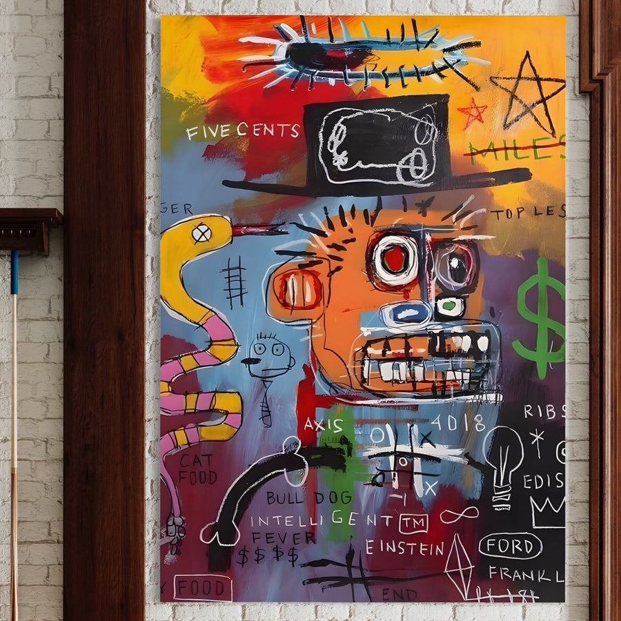 Tablou Canvas Premium LuxCanva® B1102 prezintă un portret abstract, colorat, inspirat de Albert Einstein și inteligența artificială, cu forma vii și simboluri pe fundal vibrant-ideal ca print pe pânză pentru birou sau dormitor.