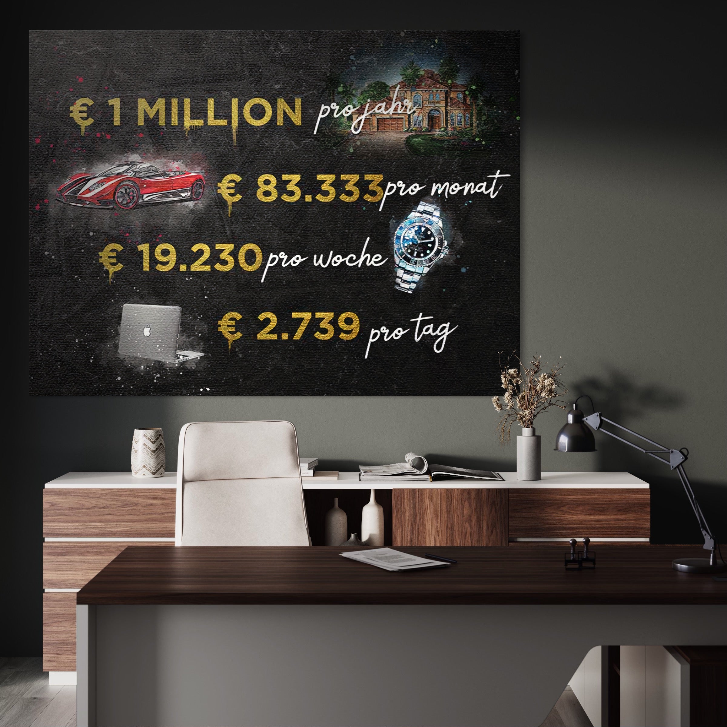 Tablou Canvas Premium LuxCanva® B1100, Viata De Milionar ,  Birou, Trai, Bogatie, Dolari, Rolex, Milionar, Masina De Lux, Rosu, Culori Vibrante