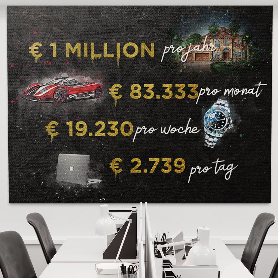 O tablă neagră deasupra birourilor afișează suma anuală de 1 milion de euro împărțită în sume lunare, săptămânale și zilnice cu pictograme reprezentând mașini, case, Rolex și laptopuri - o inspirație LuxCanva® Tablou Canvas Premium LuxCanva® B1100 "Viata De Milionar".