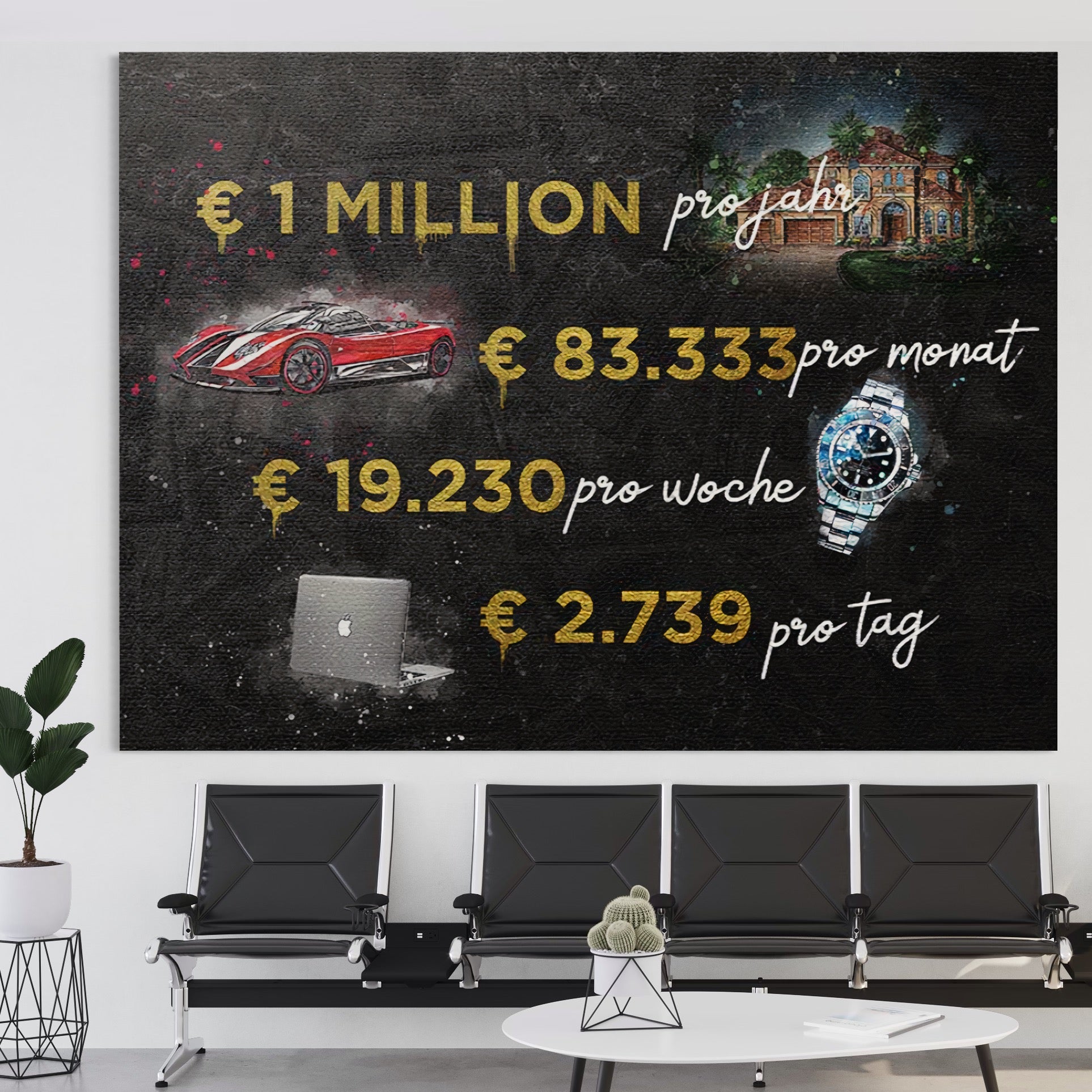 Tablou Canvas Premium LuxCanva® B1100, Viata De Milionar ,  Birou, Trai, Bogatie, Dolari, Rolex, Milionar, Masina De Lux, Rosu, Culori Vibrante