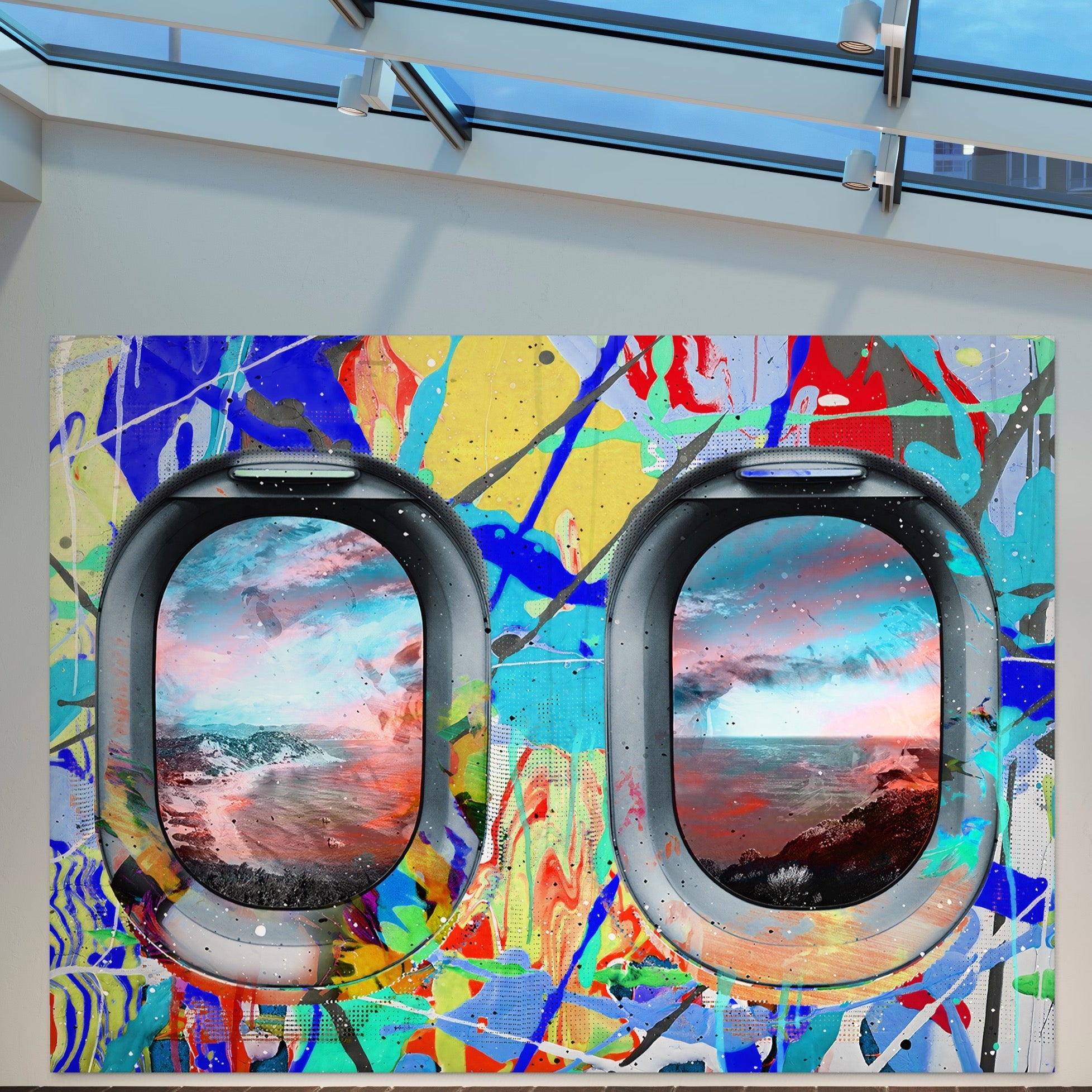 Tablou Canvas Premium LuxCanva® B1097, Graffiti Airplane Window , Birou, Calatorie, Avion, Vacanta, Cer, Nori, Culori Vibrante