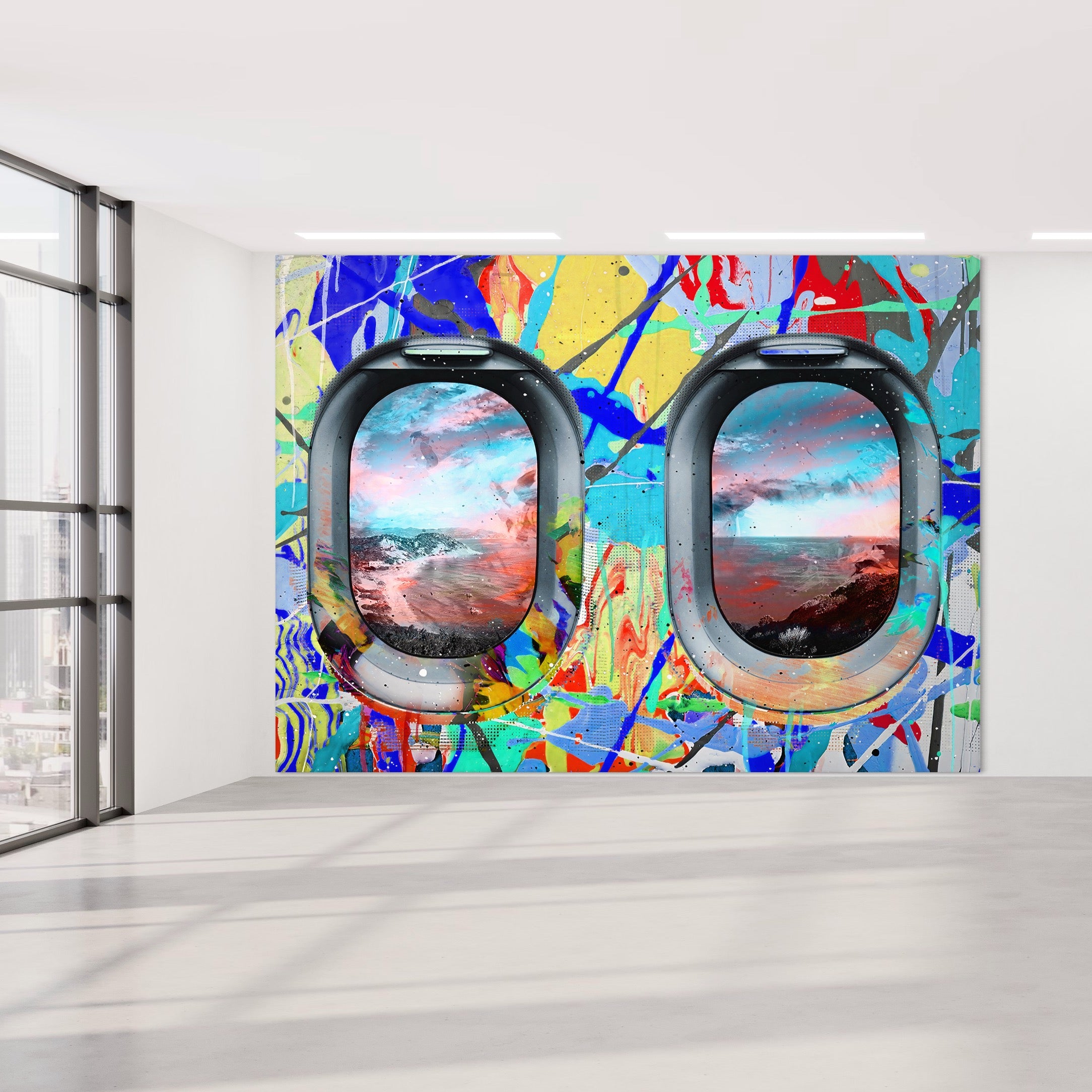 Tablou Canvas Premium LuxCanva® B1097, Graffiti Airplane Window , Birou, Calatorie, Avion, Vacanta, Cer, Nori, Culori Vibrante
