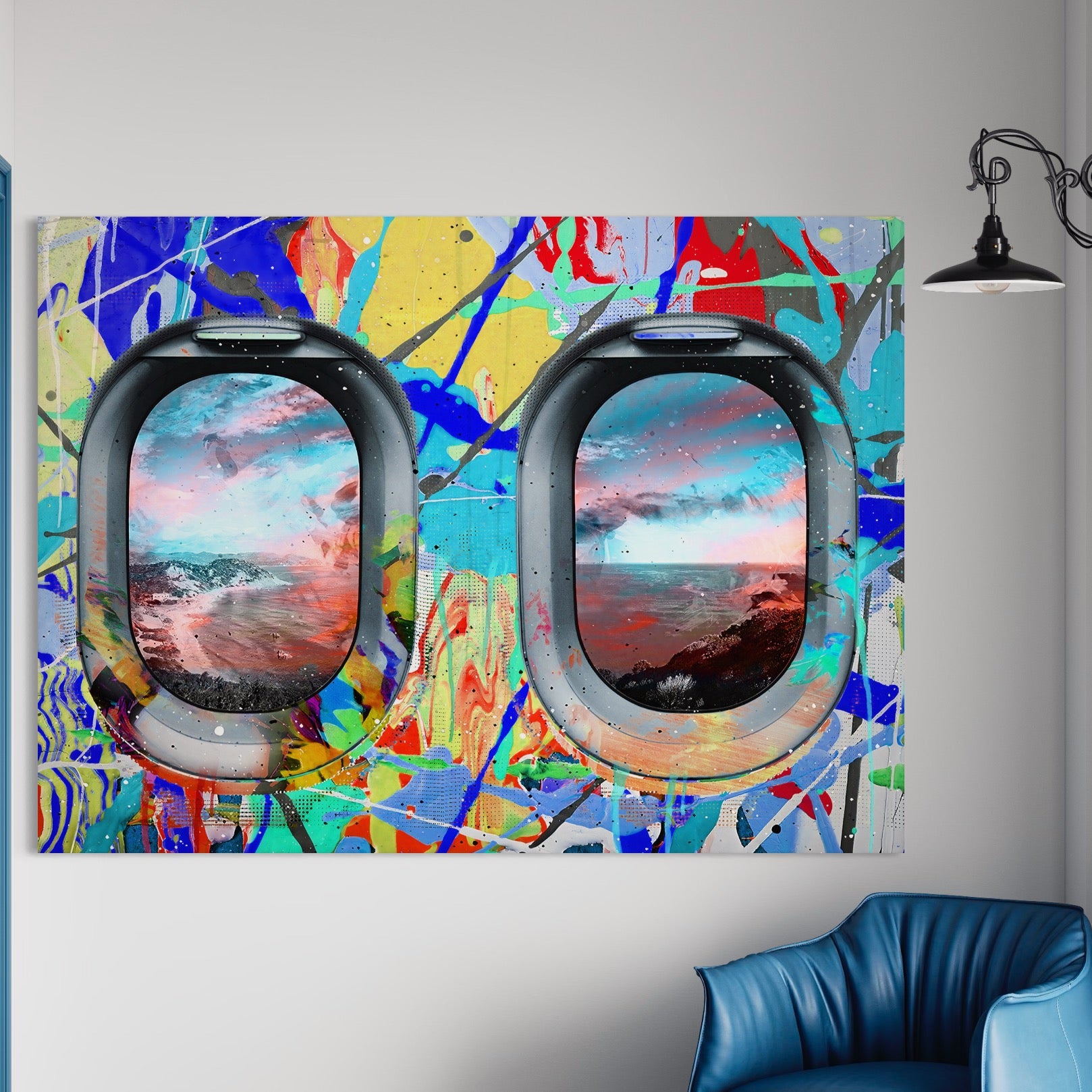 Tablou Canvas Premium LuxCanva® B1097, Graffiti Airplane Window , Birou, Calatorie, Avion, Vacanta, Cer, Nori, Culori Vibrante