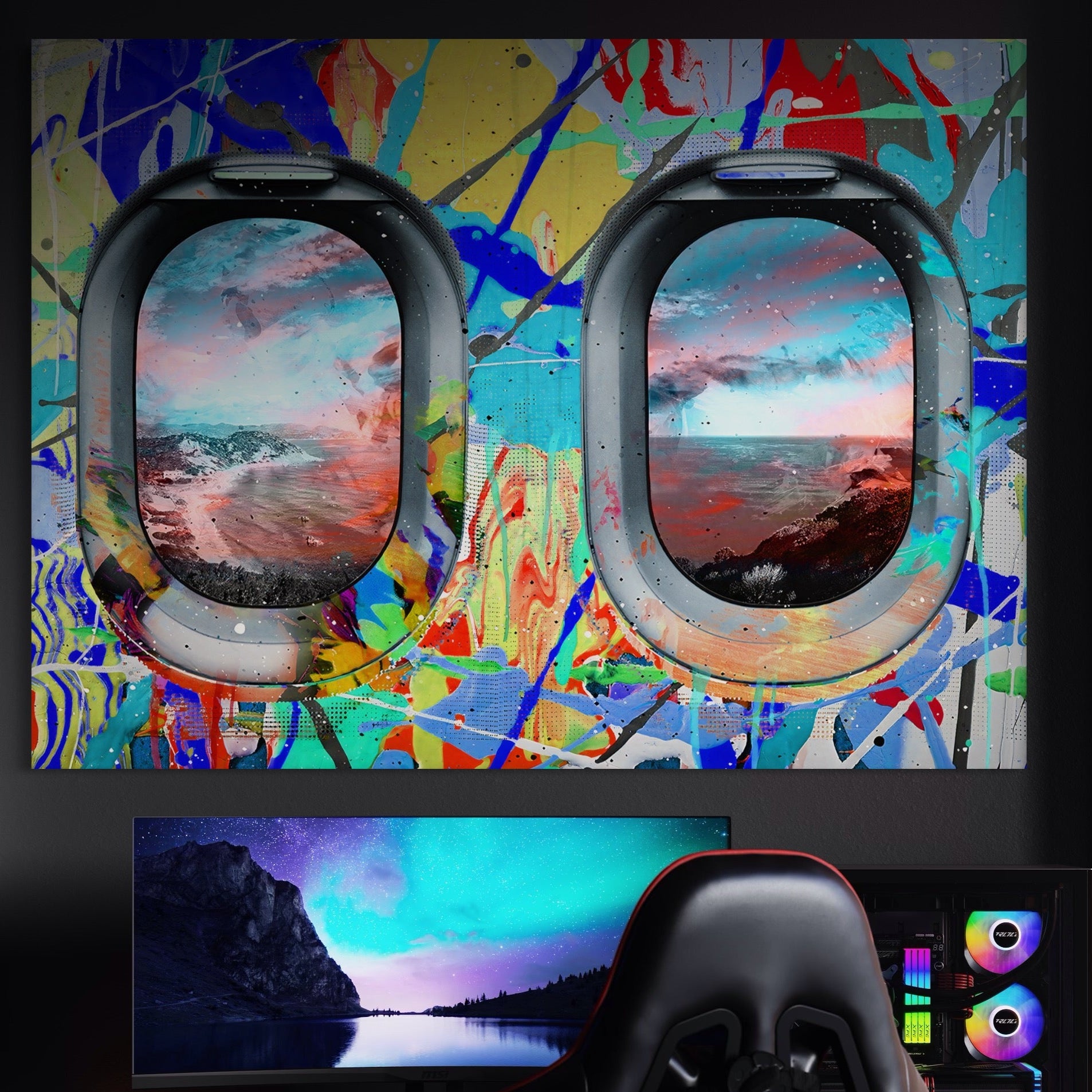 Tablou Canvas Premium LuxCanva® B1097, Graffiti Airplane Window , Birou, Calatorie, Avion, Vacanta, Cer, Nori, Culori Vibrante
