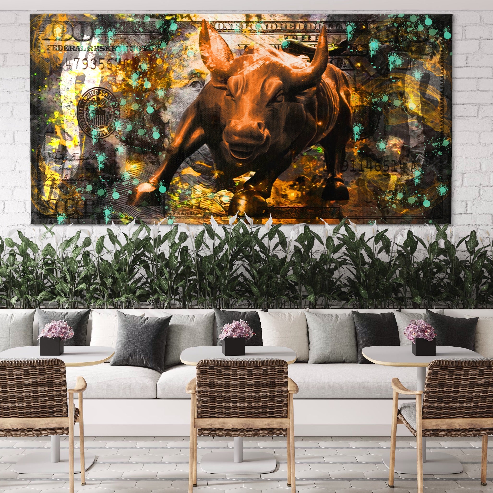 Tablou Canvas Premium LuxCanva® B1096, Dollar Bull , Birou, Taur, Bancnota, Dolar, Bar, Culori Vibrante