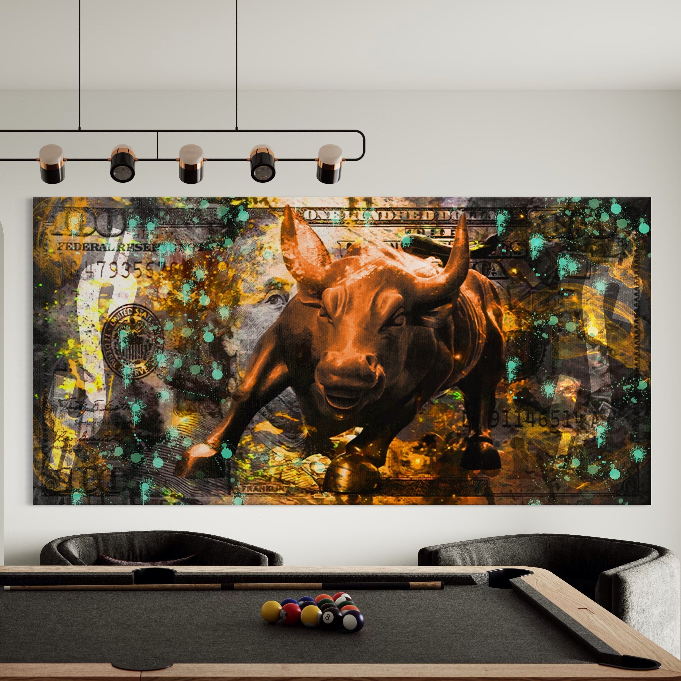 Tablou Canvas Premium LuxCanva® B1096, Dollar Bull , Birou, Taur, Bancnota, Dolar, Bar, Culori Vibrante