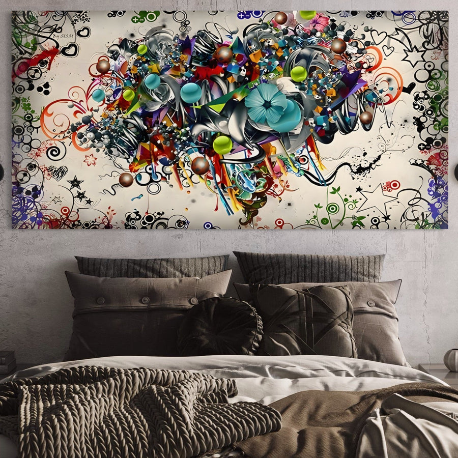 Un dormitor modern prezintă Tablou Canvas Premium LuxCanva® B1092, "Jocul Culorilor", cu modele florale și geometrice abstracte vibrante care adaugă energie și stil deasupra patului, completând perfect lenjeria de pat neutră.