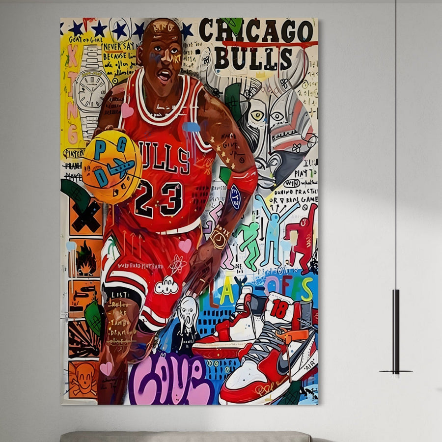 Tablou Canvas Premium LuxCanva® (B1090) cu Michael Jordan în culori vibrante, perfect pentru camere de copii sau birouri, decorează un perete alb deasupra unei canapele gri. Ideal pentru fanii baschetului și entuziaștii Chicago Bulls.