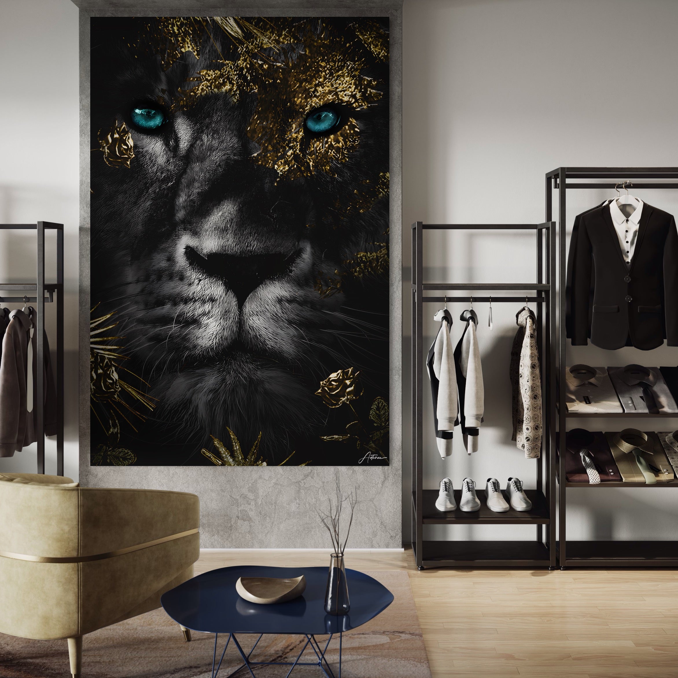 Tablou Canvas Premium LuxCanva® B1089, Frumusetea Leului Cu Ochi Albastrii , Birou, Leu, Rege, Savana, Living, Albastru, Negru, Auriu