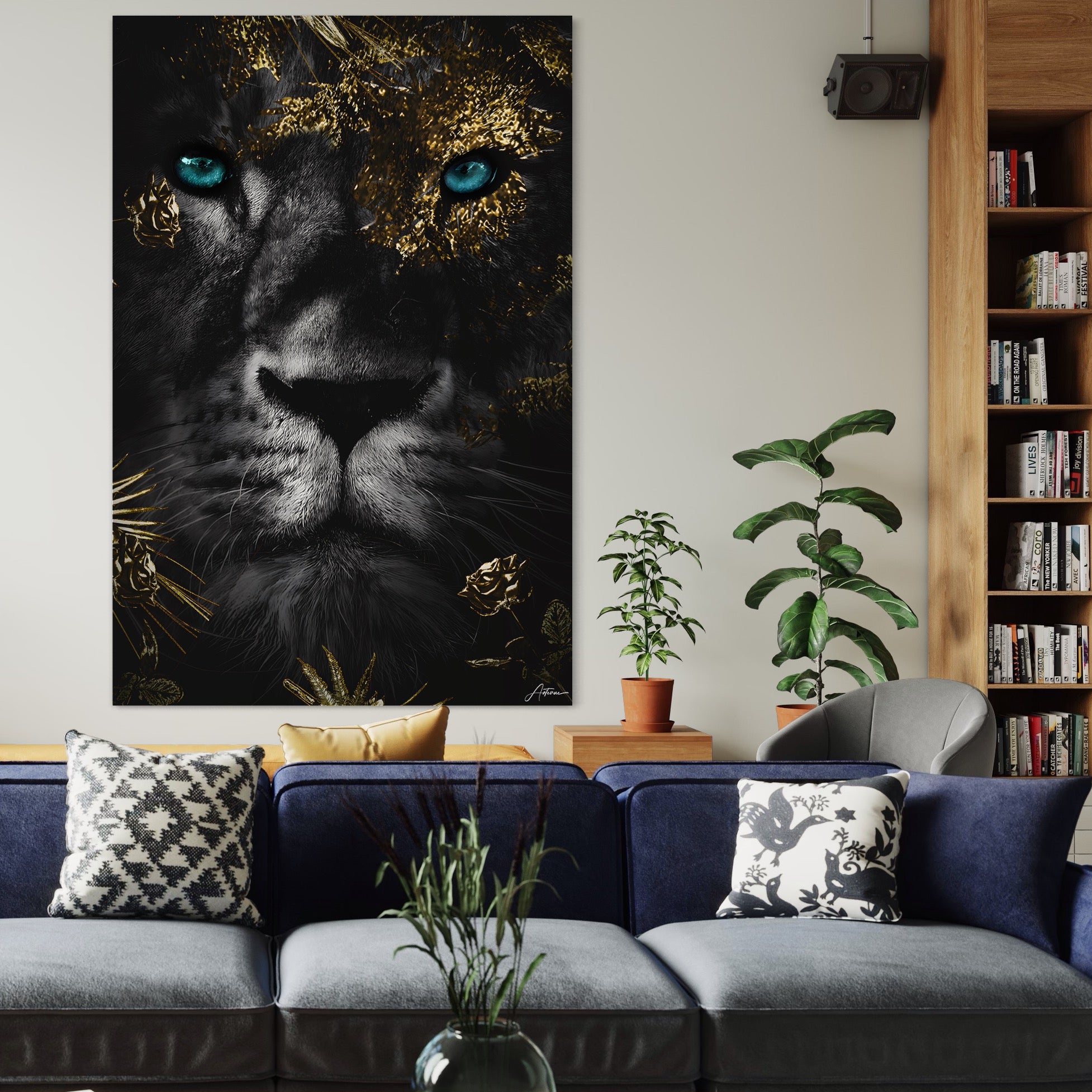 Tablou Canvas Premium LuxCanva® B1089, Frumusetea Leului Cu Ochi Albastrii , Birou, Leu, Rege, Savana, Living, Albastru, Negru, Auriu