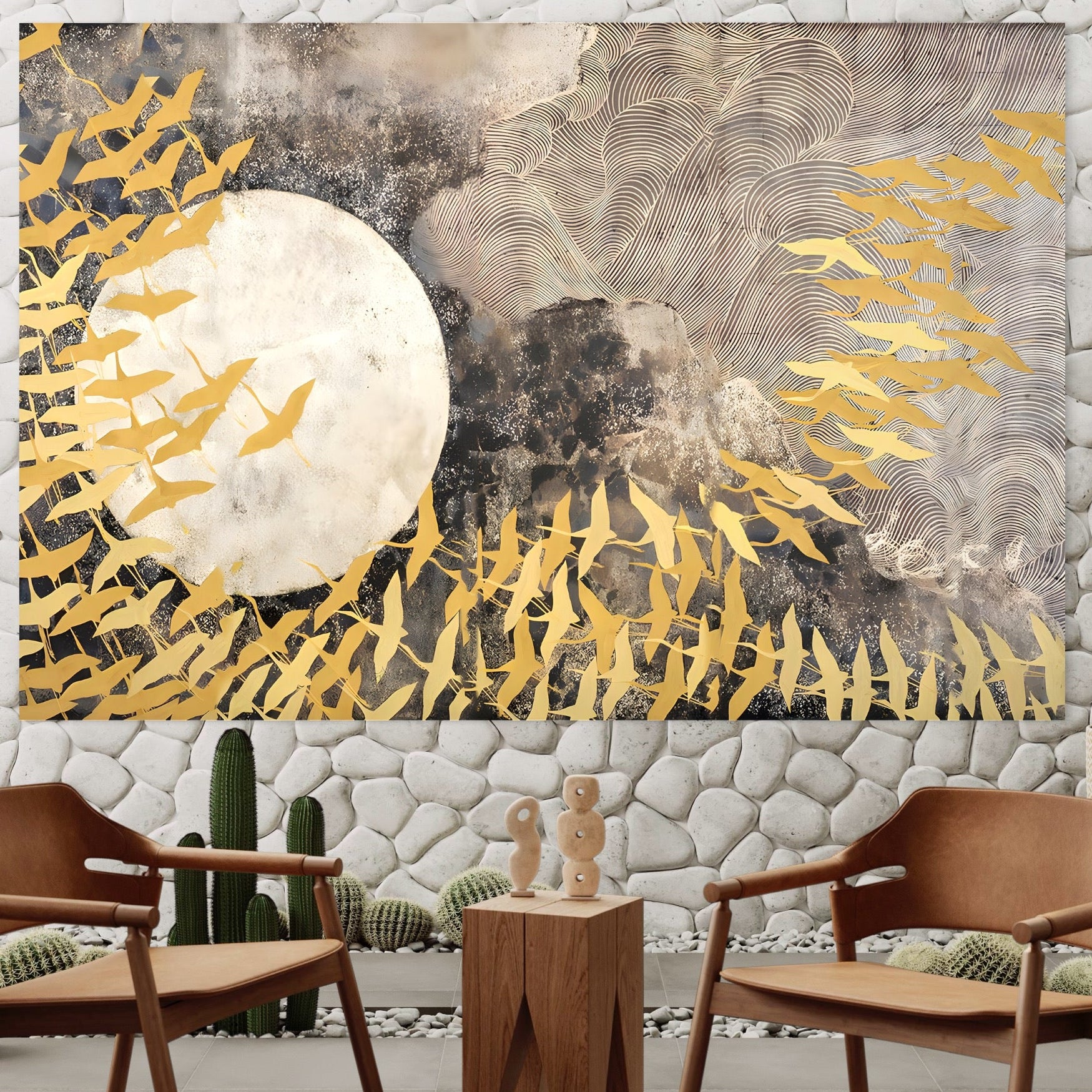 Tablou Canvas Premium LuxCanva® B1087, Marea migratie , Living, Pasari, Auriu, Corp Ceresc, Calatorie, Dormitor, Auriu