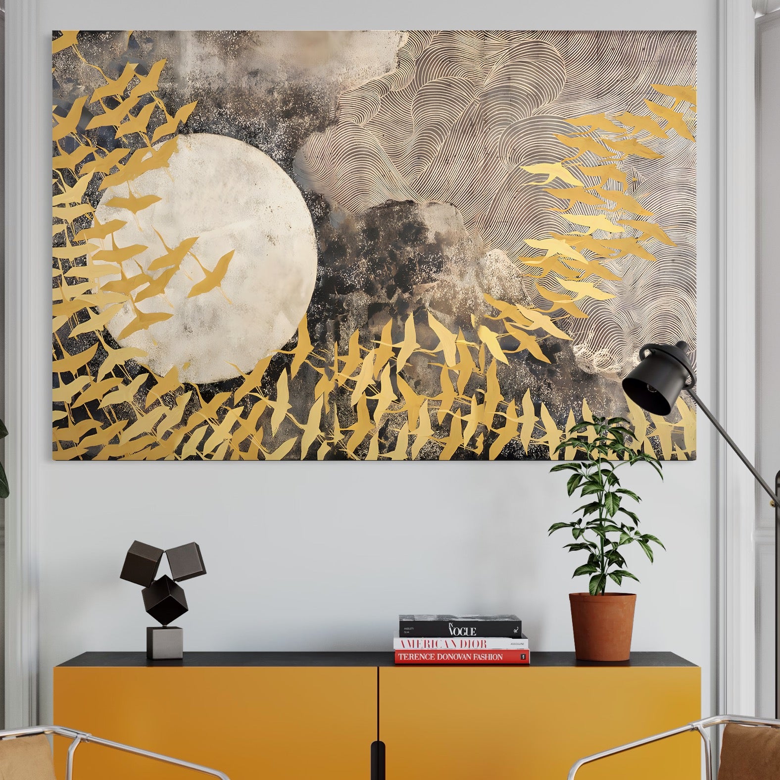 Tablou Canvas Premium LuxCanva® B1087, Marea migratie , Living, Pasari, Auriu, Corp Ceresc, Calatorie, Dormitor, Auriu