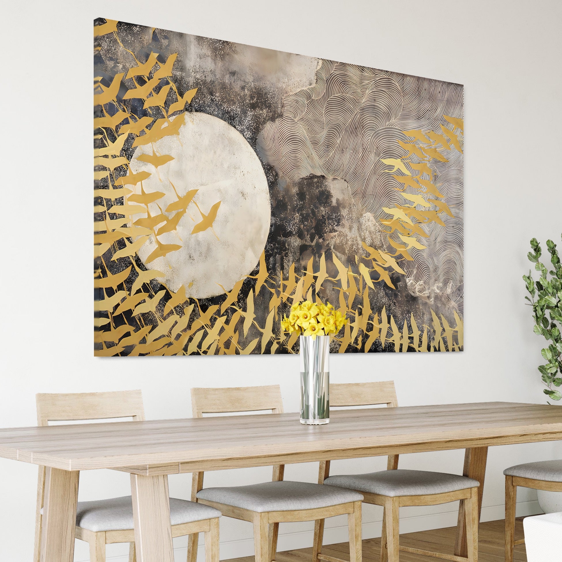 Tablou Canvas Premium LuxCanva® B1087, Marea migratie , Living, Pasari, Auriu, Corp Ceresc, Calatorie, Dormitor, Auriu