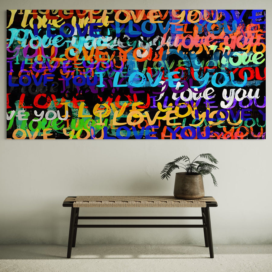 Tablou Canvas Premium LuxCanva® B1078, Love In Colors, decorativ cu fraze I love you în culori vibrante pe fundal negru, ideal pentru living sau dormitor modern minimalist. Brand: LuxCanva®.
