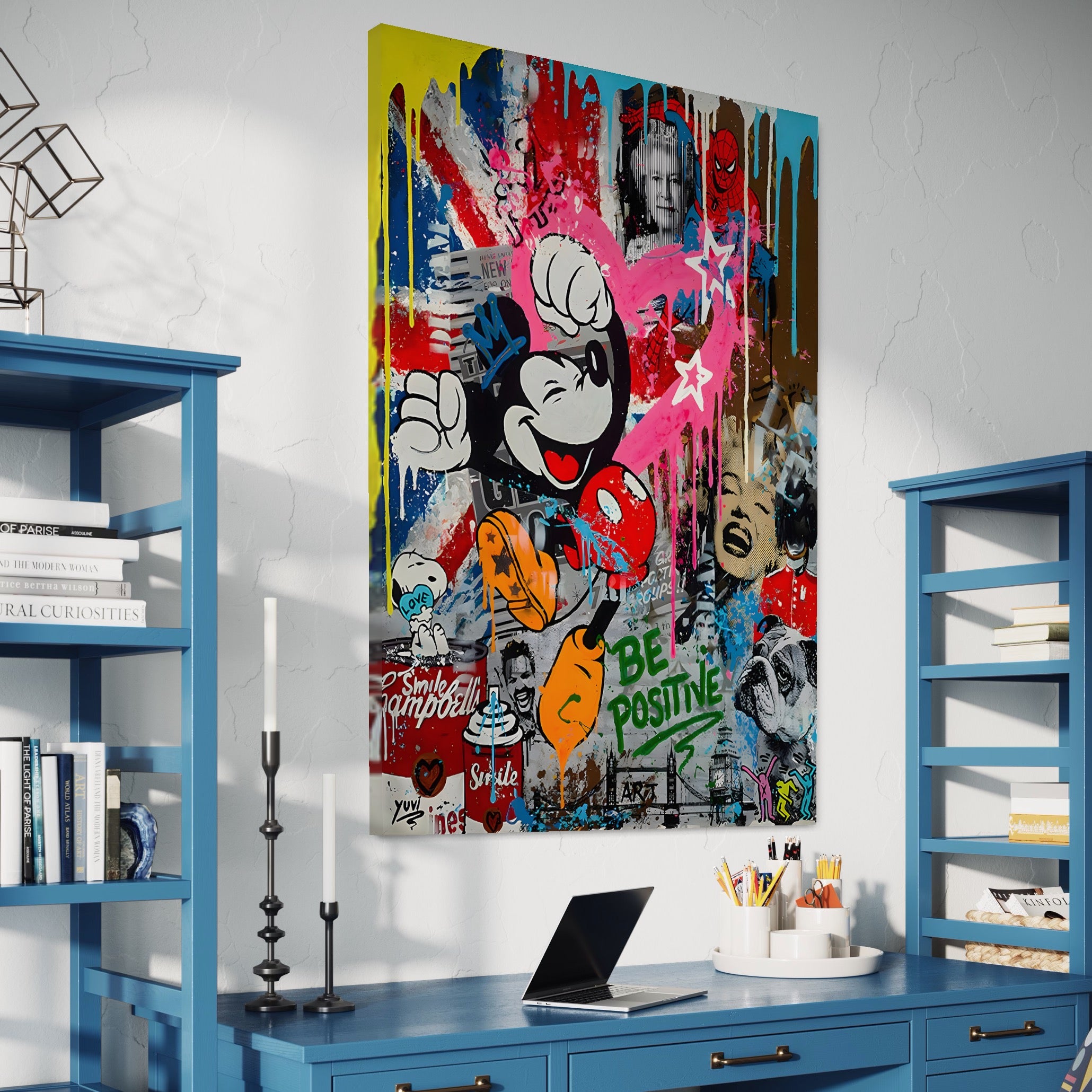 Tablou Canvas Premium LuxCanva® B1068, Be Positive , Decorativ, Birou, Mickey Mouse, Marilyn Monroe, Spider Man, Regina Elisabeta a II-a, Culori Vibrante