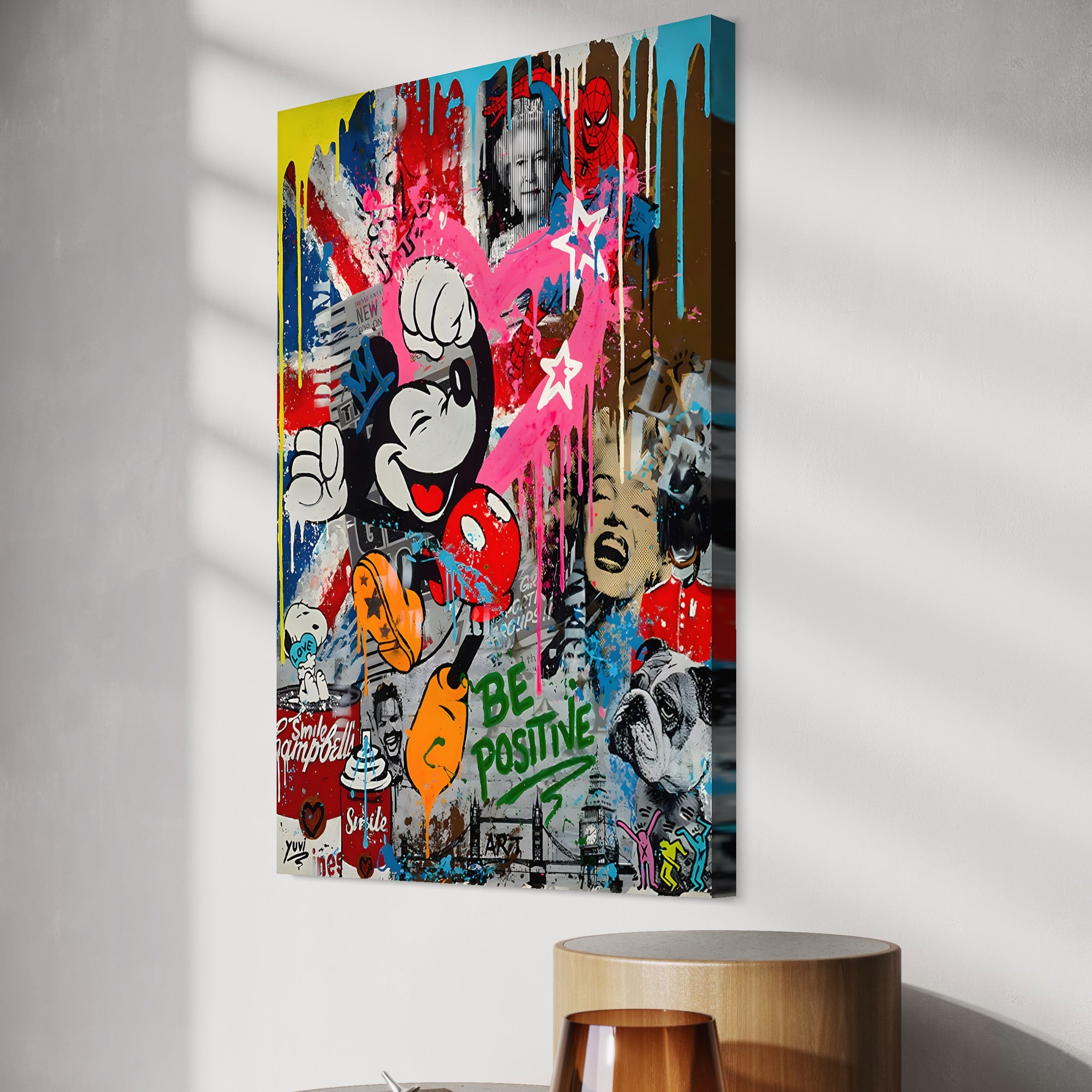 Tablou Canvas Premium LuxCanva® B1068, Be Positive , Decorativ, Birou, Mickey Mouse, Marilyn Monroe, Spider Man, Regina Elisabeta a II-a, Culori Vibrante