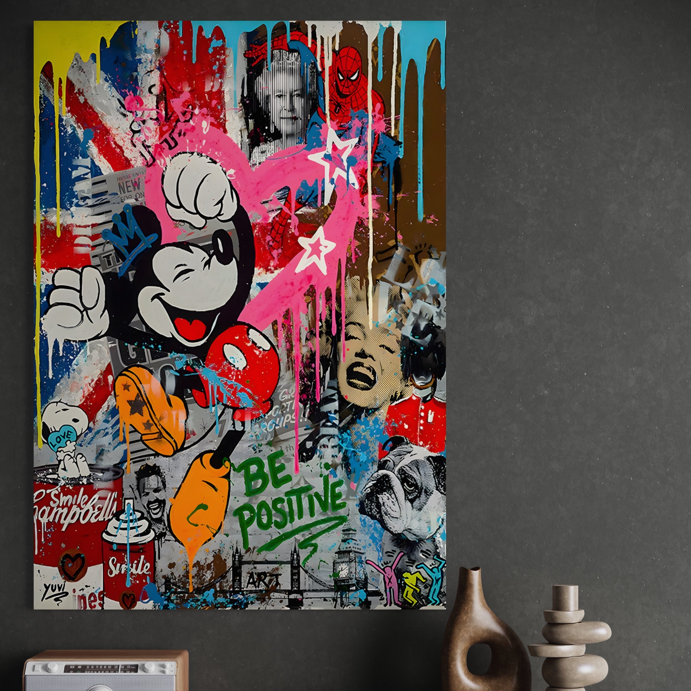 Tablou Canvas Premium LuxCanva® B1068, Be Positive , Decorativ, Birou, Mickey Mouse, Marilyn Monroe, Spider Man, Regina Elisabeta a II-a, Culori Vibrante