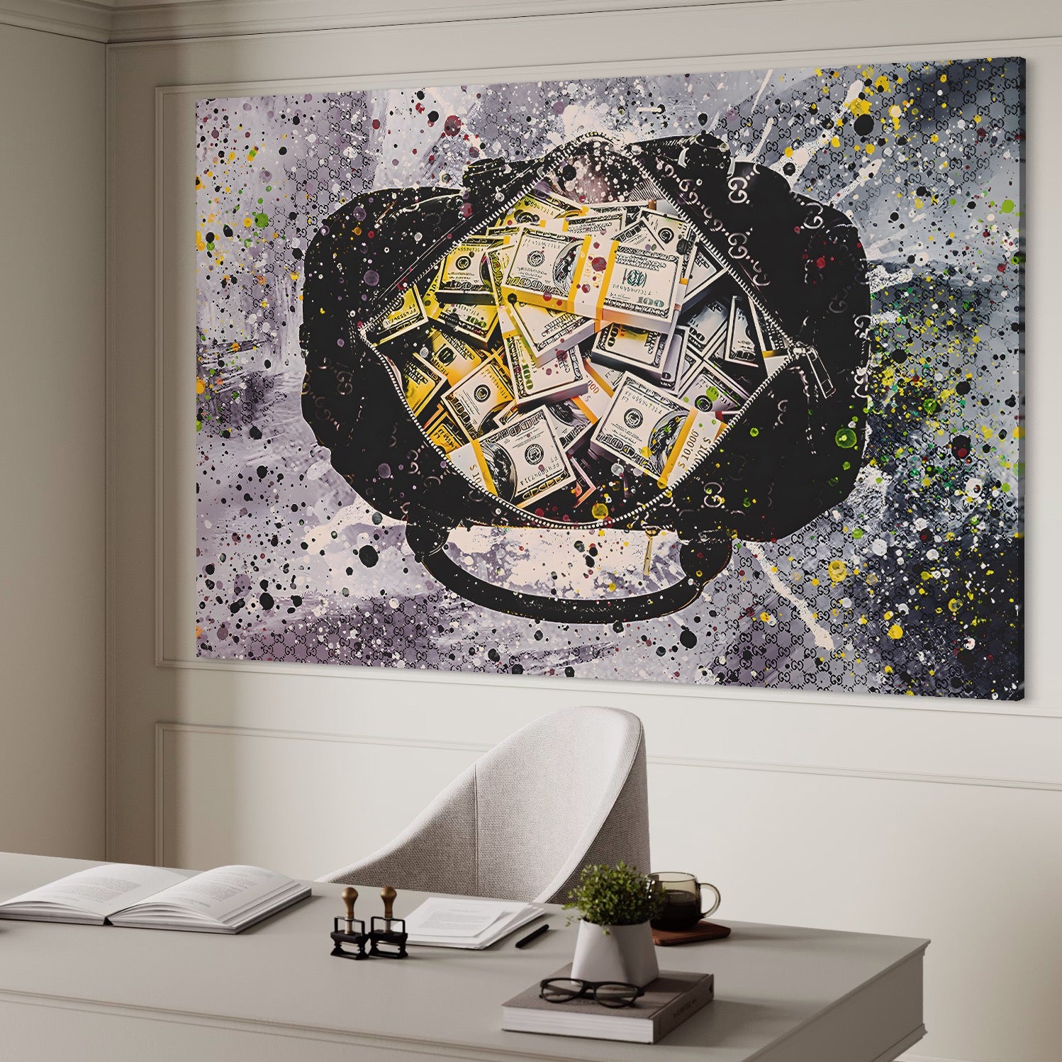 Tablou Canvas Premium LuxCanva® B1067, Hard Work Pays Off , Decorativ, Birou, Dolari, Bani, Valiza, Dormitor, Gucci, Colorat