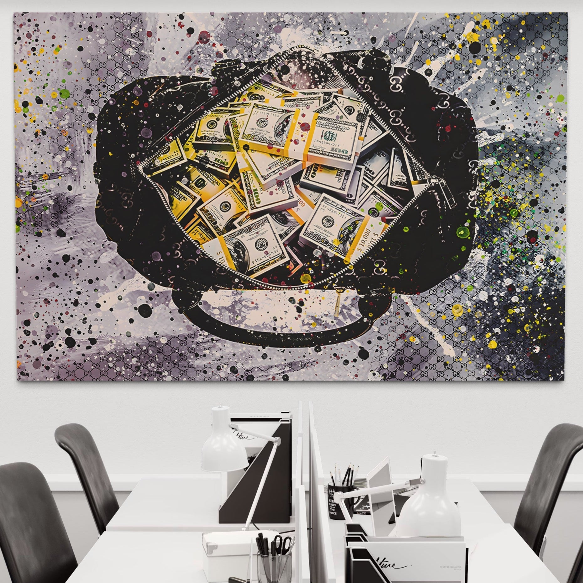 Tablou Canvas Premium LuxCanva® B1067, Hard Work Pays Off , Decorativ, Birou, Dolari, Bani, Valiza, Dormitor, Gucci, Colorat