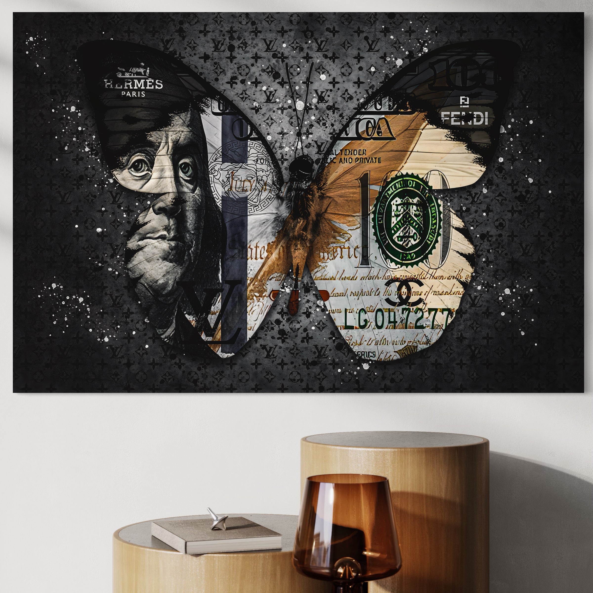 Tablou Canvas Premium LuxCanva® B1066, Fancy Butterfly , Decorativ, Fluture, Living, Fendi, Hermes, Dolar, Birou, Culori Vibrante