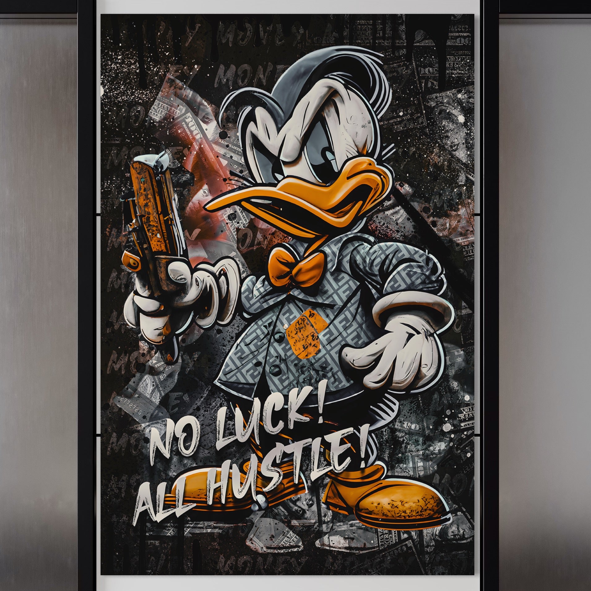 Tablou Canvas Premium LuxCanva® B1062, No Luck All Hustle , Decorativ, Living, Donald Duck, Birou, Bani, Colorat