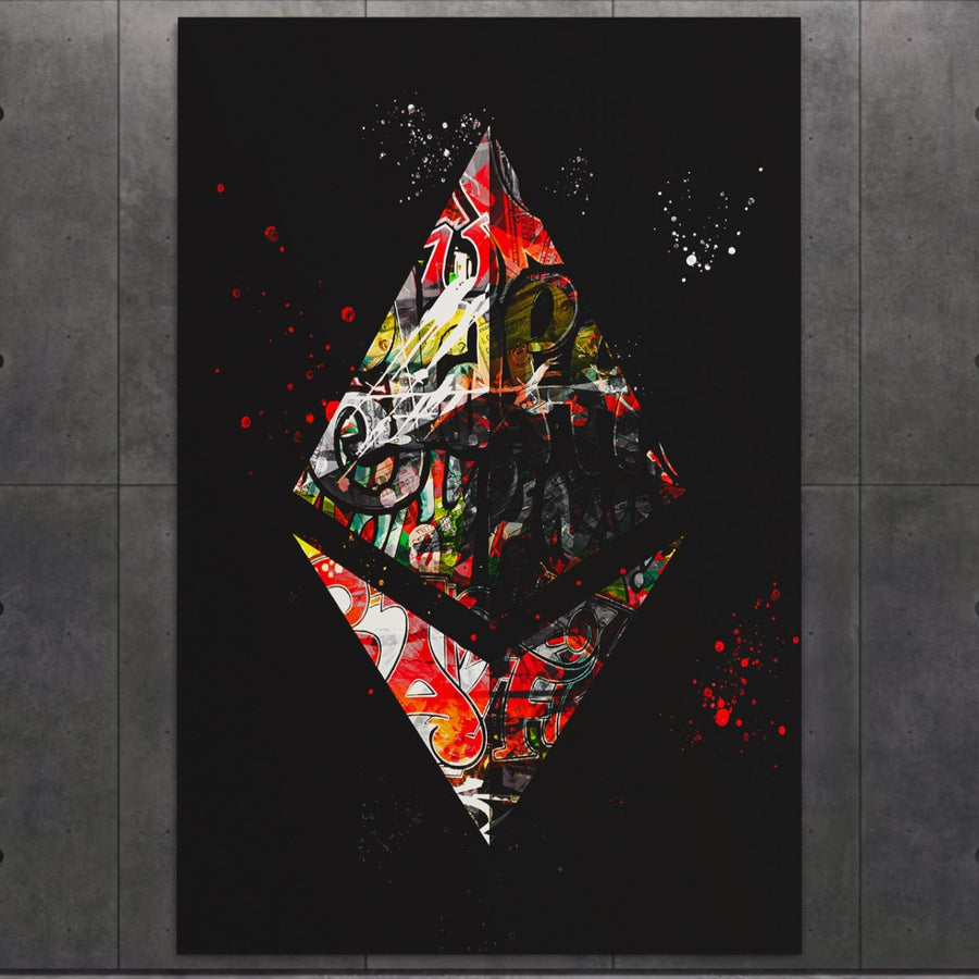 LuxCanva® Tablou Canvas Premium LuxCanva® B1056 prezintă un logo Ethereum vibrant, în stil graffiti, pe un fundal închis cu stropi roșii și albi - perfect ca artă blockchain decorativă pentru birouri sau spații financiare.