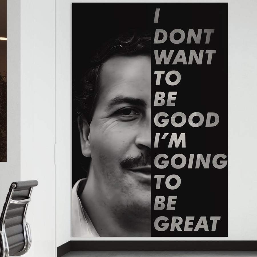 Pânza LuxCanva® Tablou Premium LuxCanva® B1051 îl prezintă pe Pablo Escobar cu culori vibrante și text îndrăzneț, perfect pentru a adăuga un accent modern biroului sau spațiului dvs. de lucru.