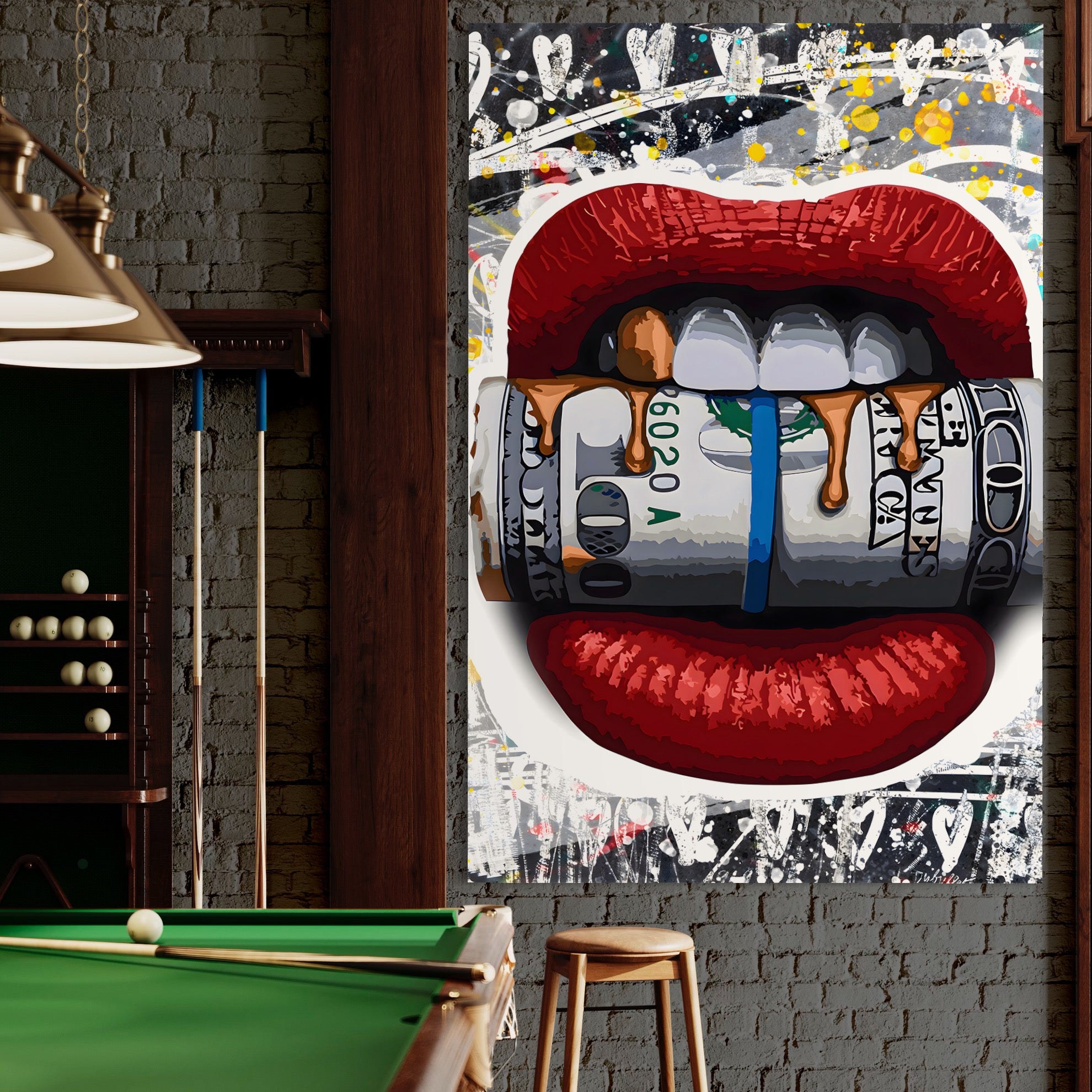 Tablou Canvas Premium LuxCanva® B1049, Dollar Lips , Living, Bani, Financiar, Buze, Rosu, Colorat, Culori Vibrante