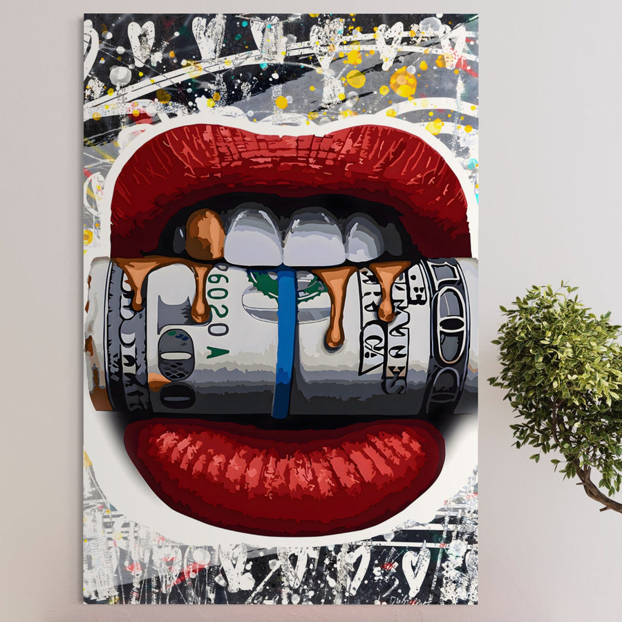 Pânza LuxCanva® Tablou Premium LuxCanva® B1049 prezintă buze roșii vibrante care mușcă un dolar rulat pe fundaluri colorate, dinamice, cu stropi și inimi pline de viață - perfect pentru spațiile de locuit cu artă îndrăzneață, de inspirație financiară.