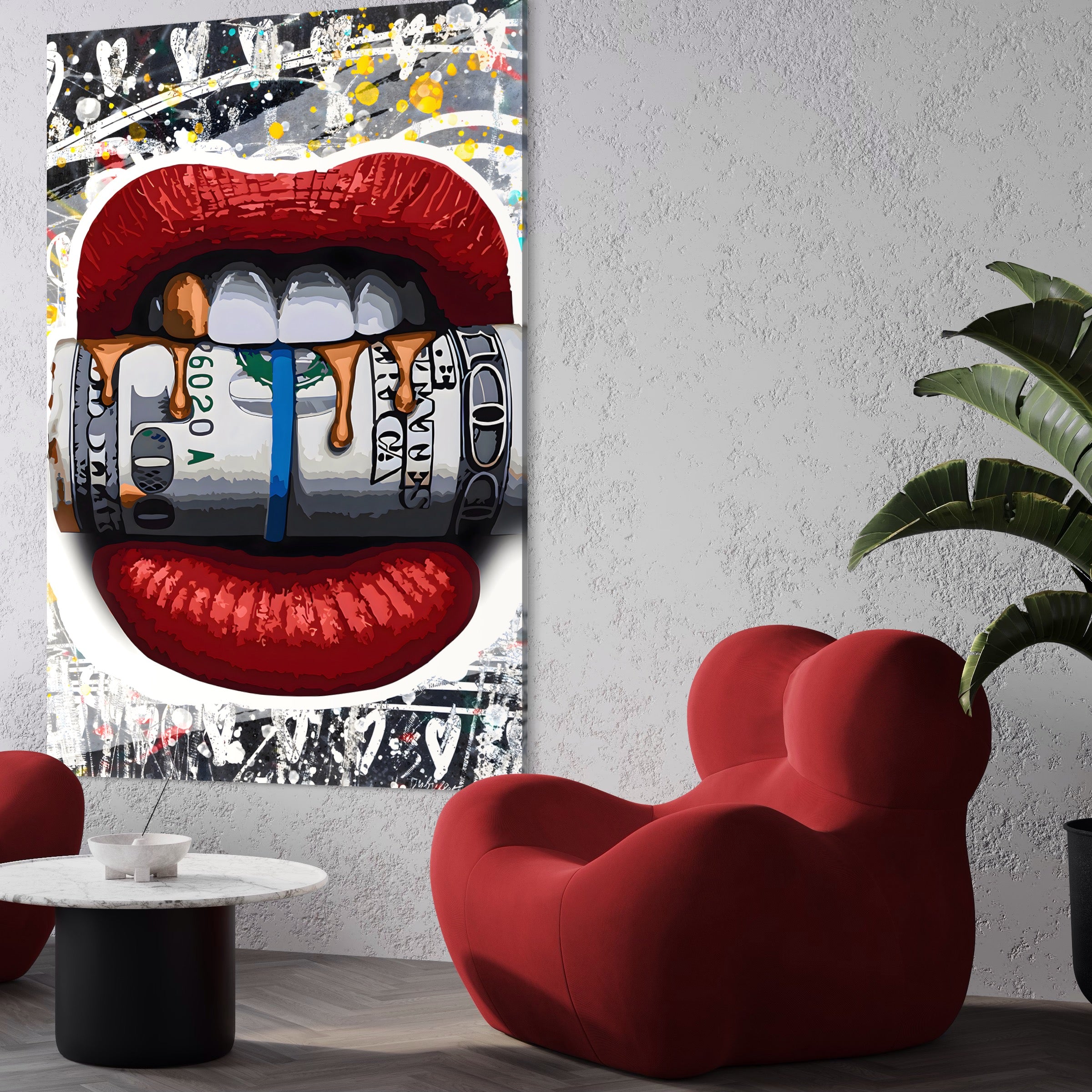 Tablou Canvas Premium LuxCanva® B1049, Dollar Lips , Living, Bani, Financiar, Buze, Rosu, Colorat, Culori Vibrante