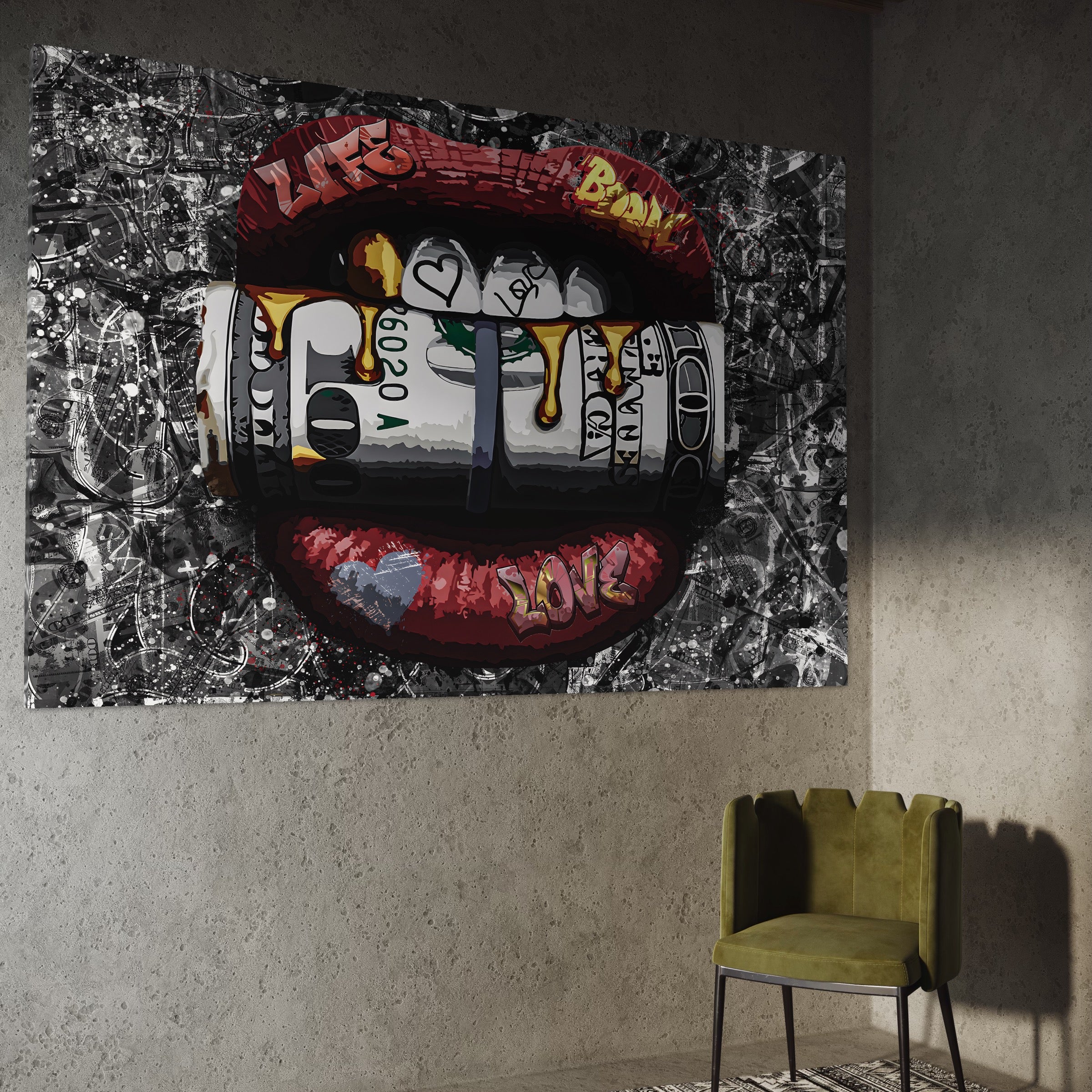 Tablou Canvas Premium LuxCanva® B1047, Red Lips , Dormitor, Living, Dolari, Rosu, Buze, Senzualitate, Multicolor, Culori Vibrante