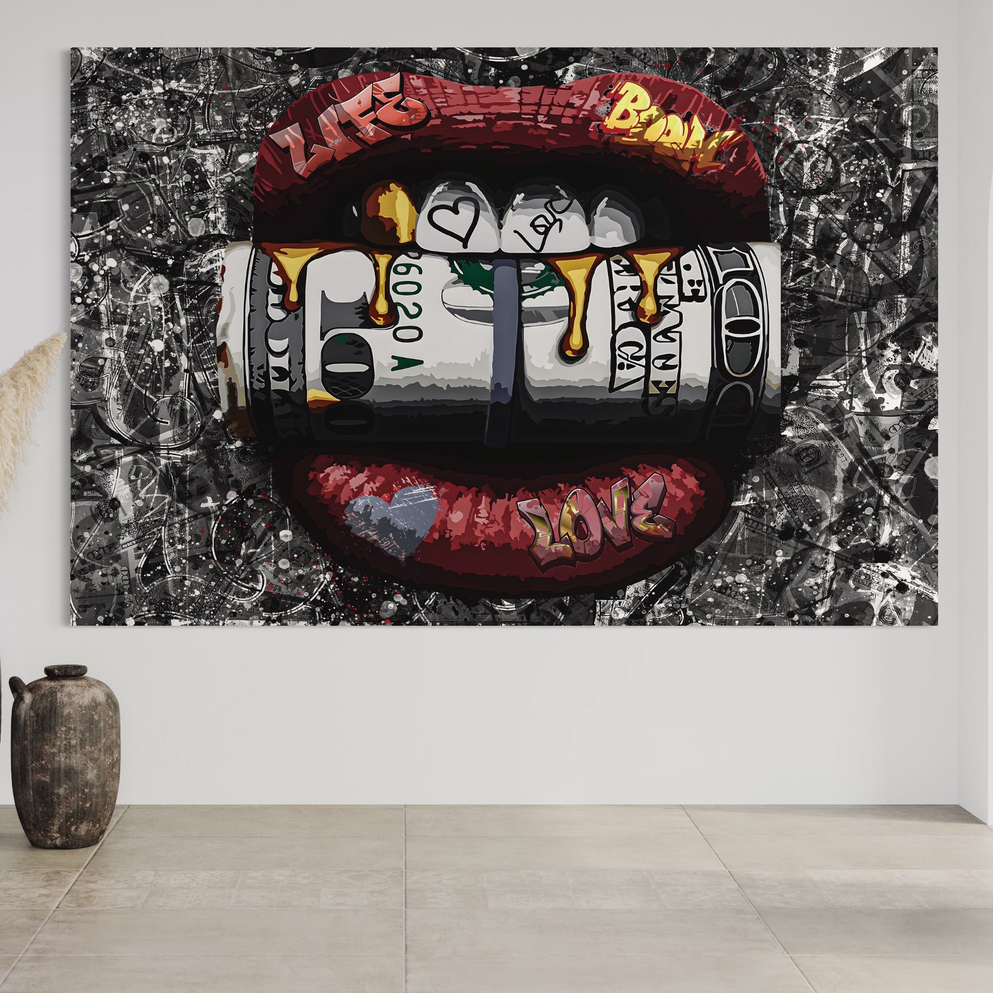 Tablou Canvas Premium LuxCanva® B1047, Red Lips , Dormitor, Living, Dolari, Rosu, Buze, Senzualitate, Multicolor, Culori Vibrante