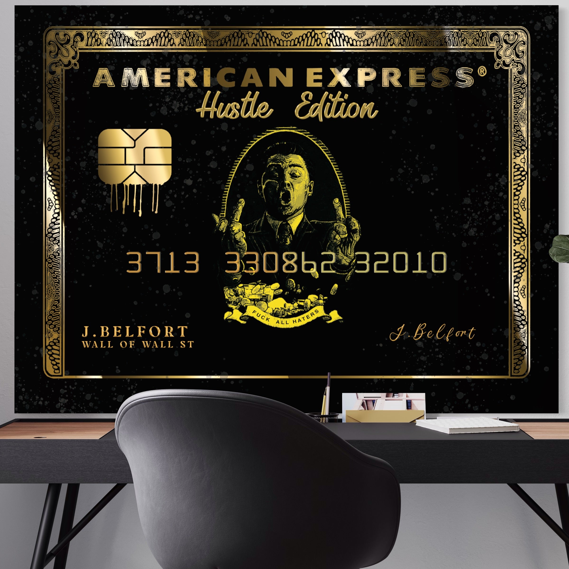 Tablou Canvas Premium LuxCanva® B1039, Hustle Edition , Decorativ, DiCaprio, Money, Wall Street, Auriu