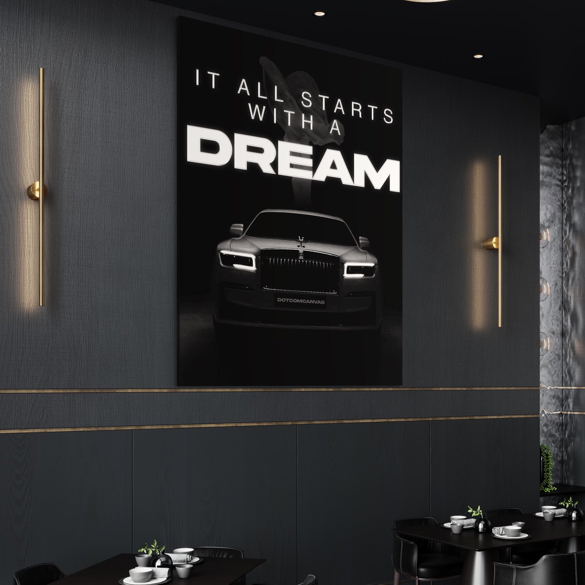 Tablou Canvas Premium LuxCanva® B1038, It All Starts With A Dream , Decorativ, Inspirational, Rolls-Royce, Alb Si Negru
