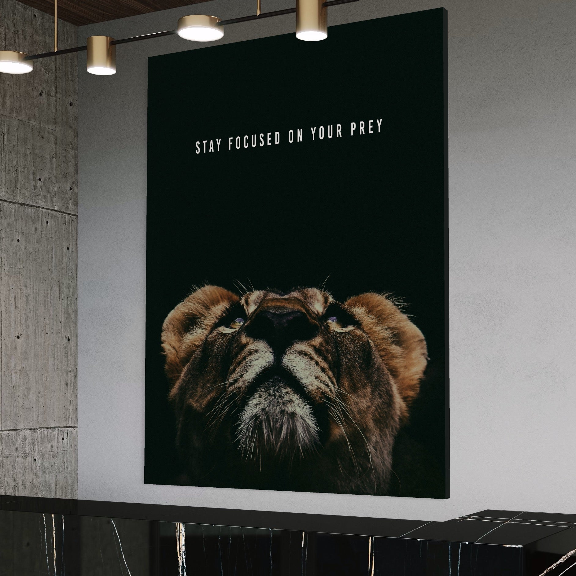 Tablou Canvas Premium LuxCanva® B1035, Stay Focused On Your Prey , Decorativ, Concentrare, Putere, Leu, Motivational, Culori Vibrante