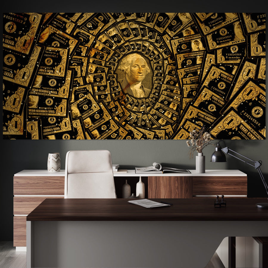 Un birou modern afișează Tablou Canvas Premium LuxCanva® B1034, cu George Washington și motive vibrante de dolari, poziționat deasupra unui birou elegant și a unui scaun alb pentru o notă contemporană.