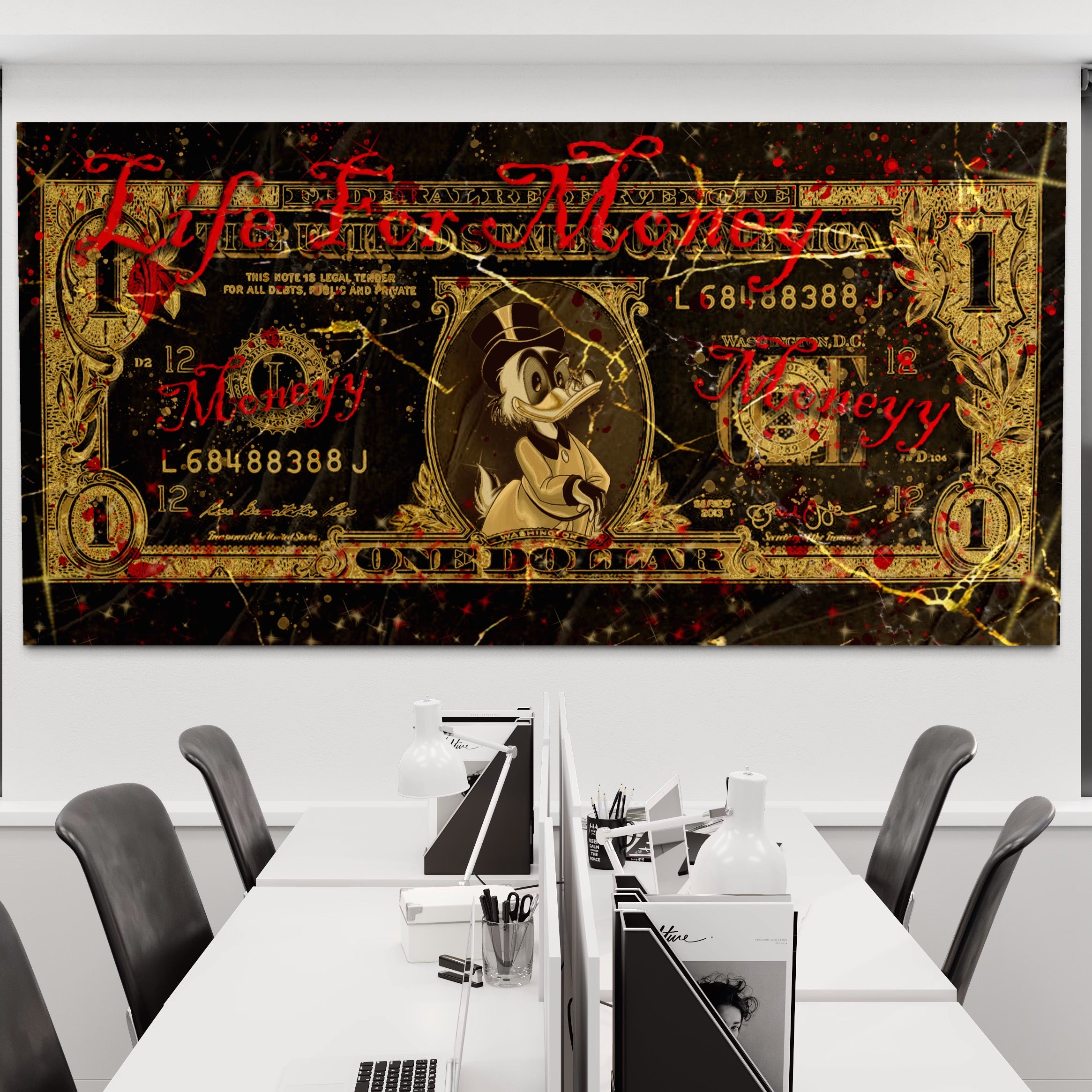 Tablou Canvas Premium LuxCanva® B1032, Life For Money , Decorativ, Donald Duck, Bani, Dolari, Motivational, Culori Vibrante